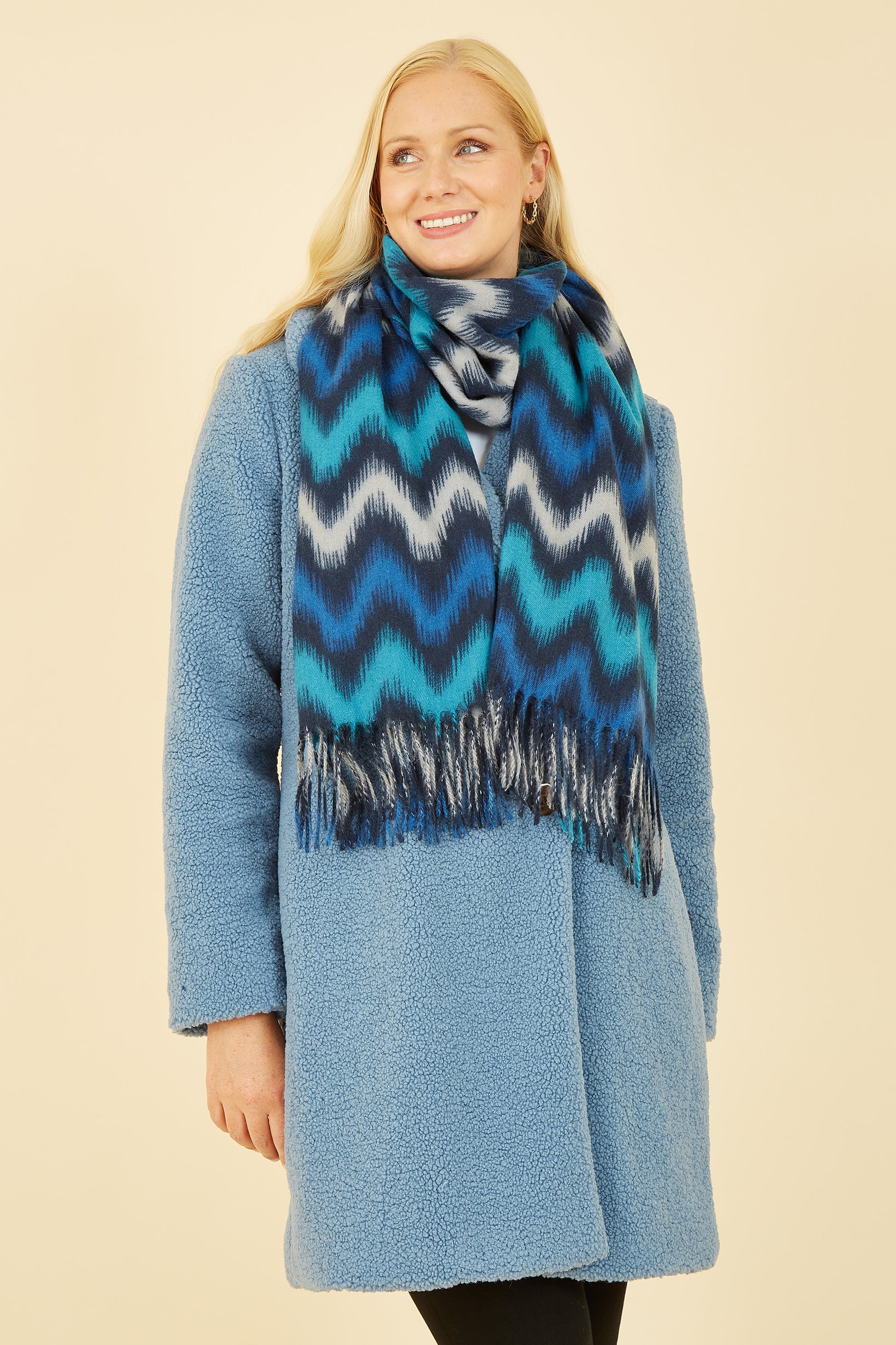 Yumi Blue Zig Zag Printed Scarf Yumi