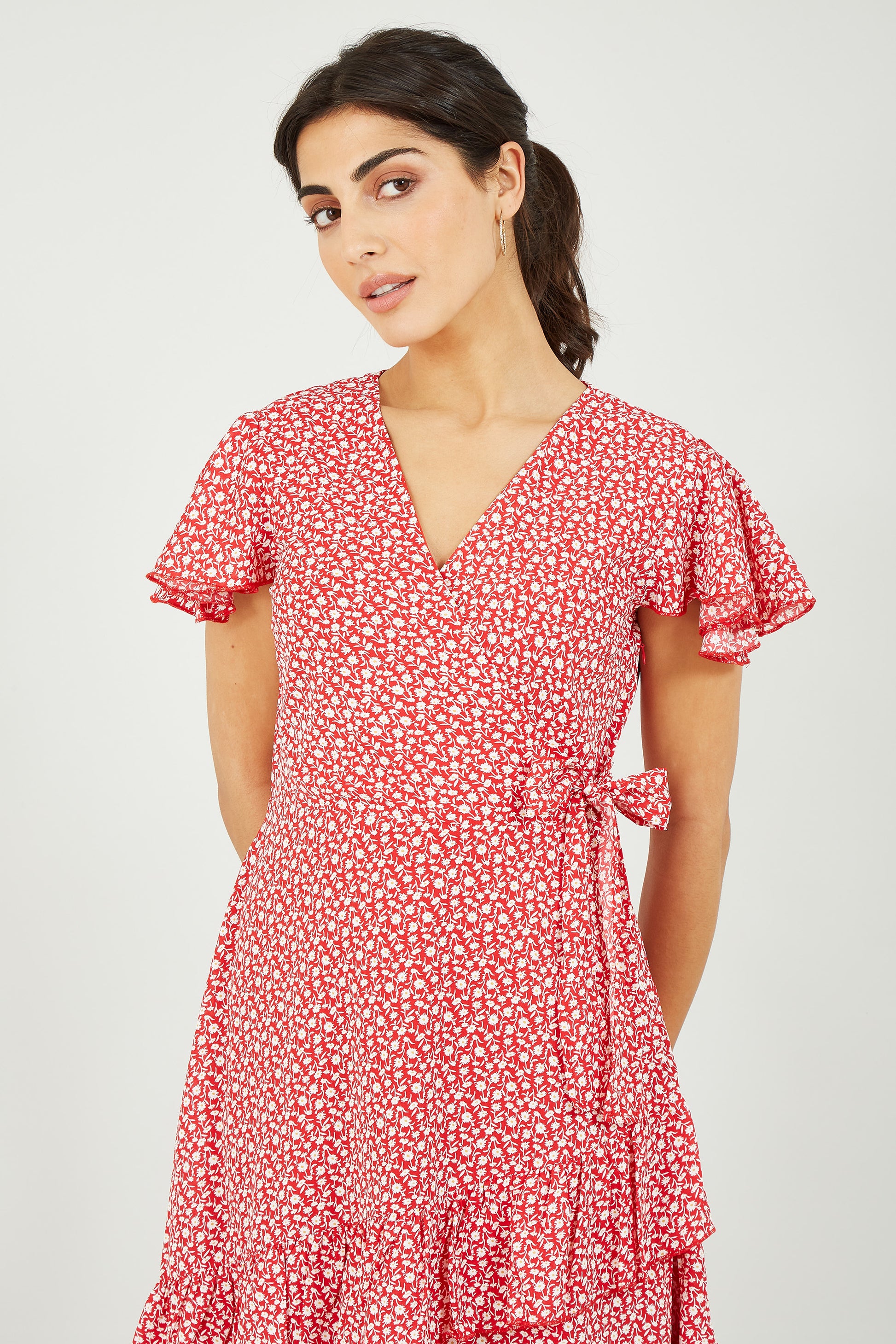 Mela Red Ditsy Daisy Wrap Effect Frill Dress Mela