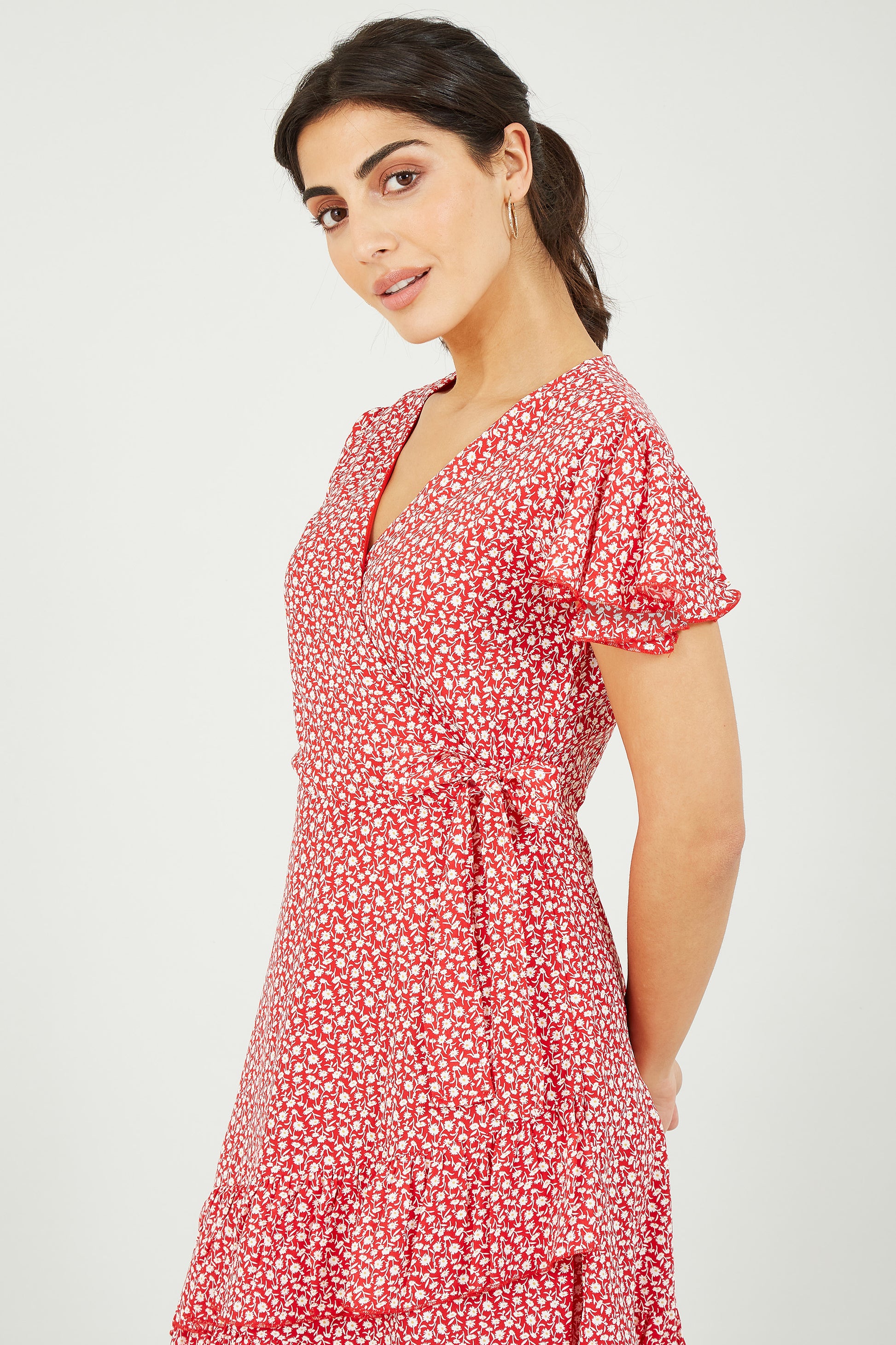 Mela Red Ditsy Daisy Wrap Effect Frill Dress Mela