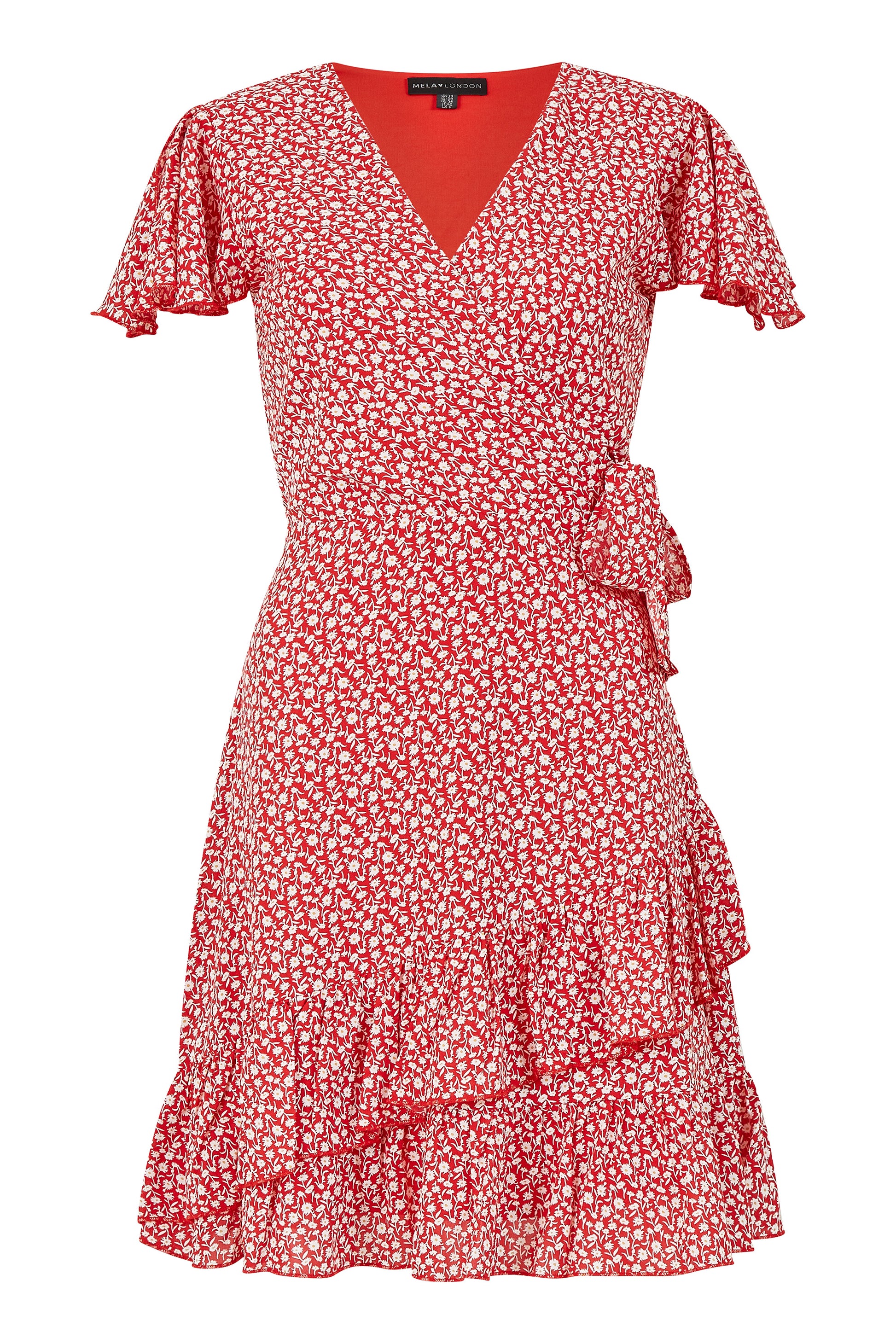 Mela Red Ditsy Daisy Wrap Effect Frill Dress Mela