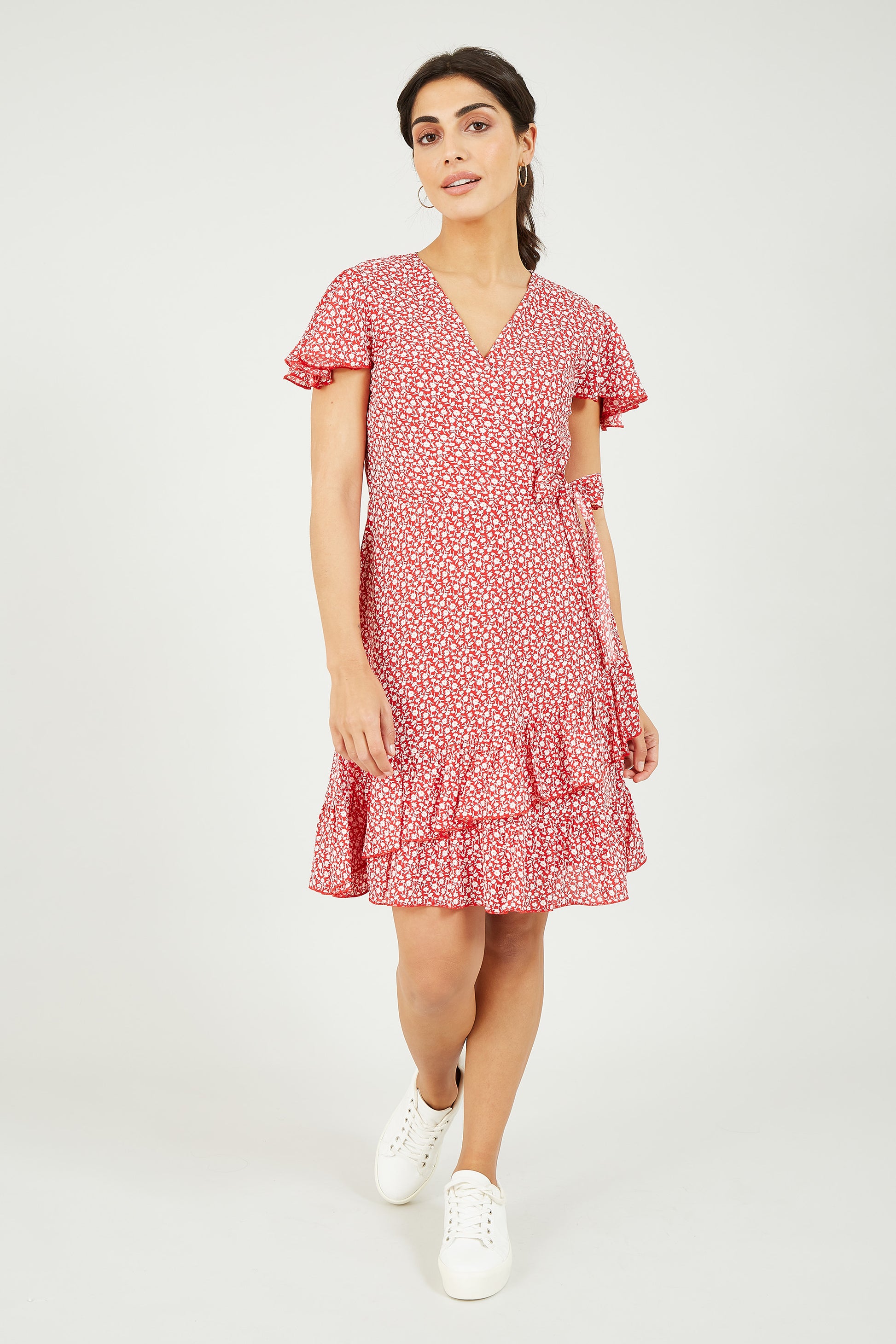 Mela Red Ditsy Daisy Wrap Effect Frill Dress Mela