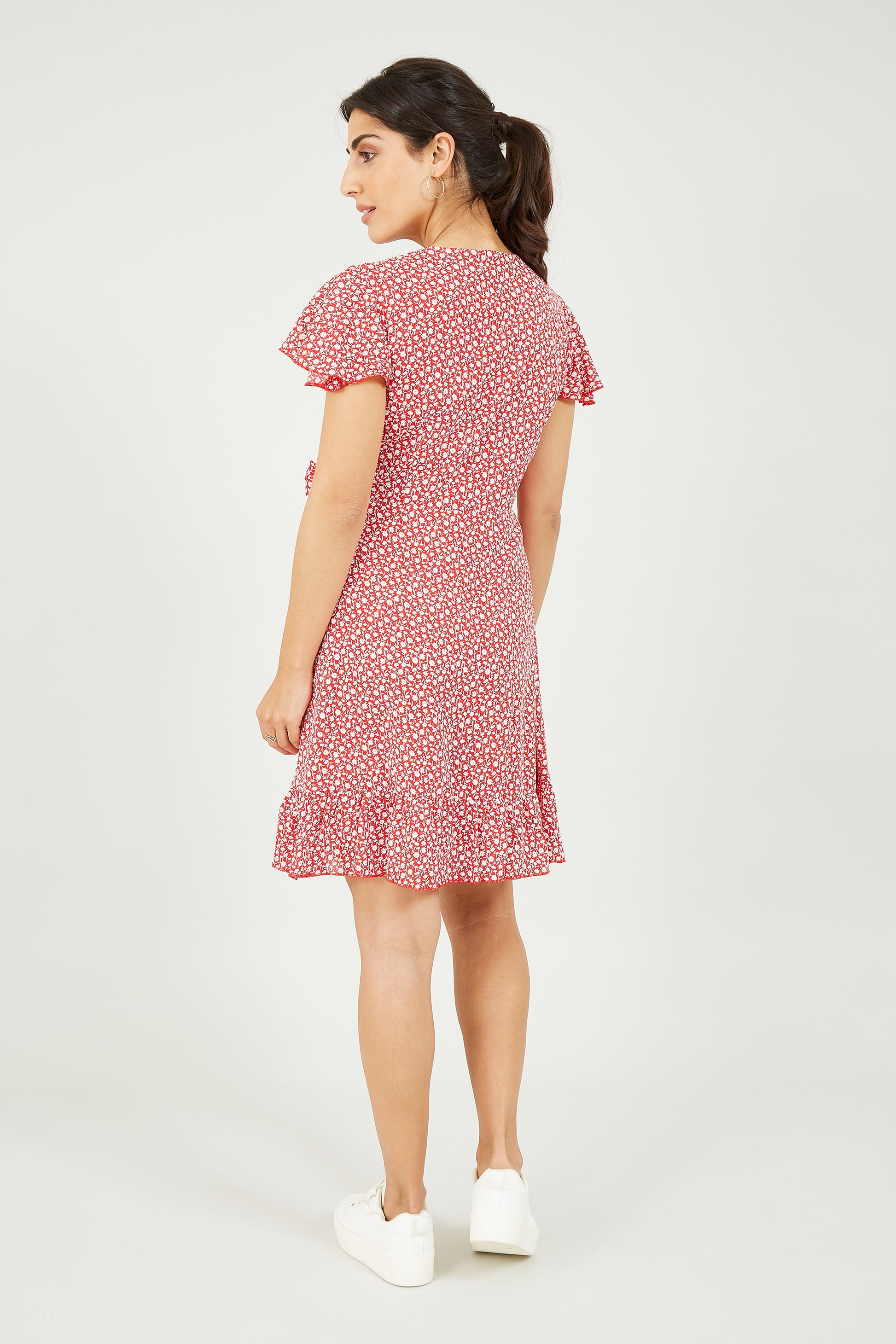 Mela Red Ditsy Daisy Wrap Effect Frill Dress Mela