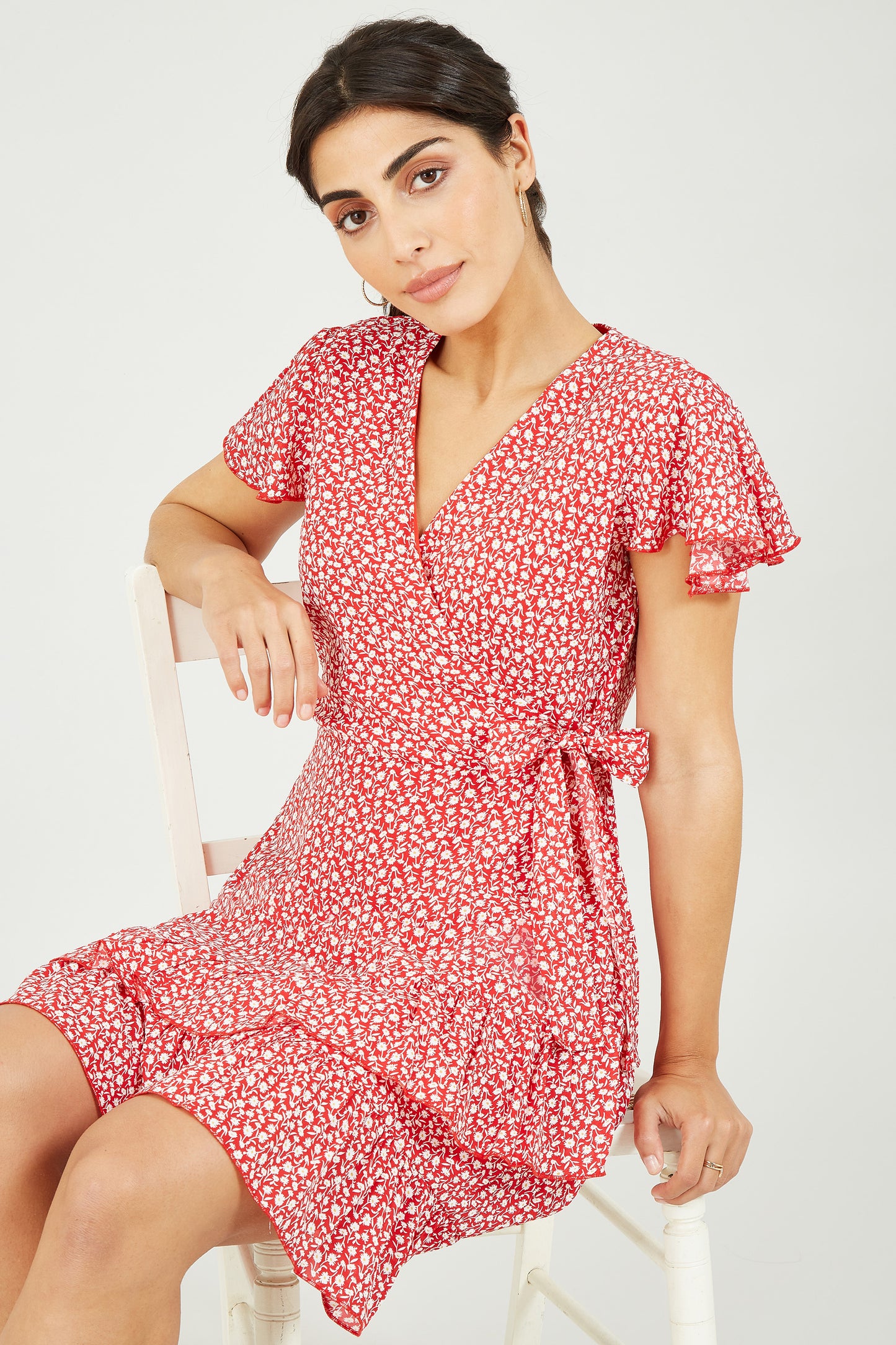 Mela Red Ditsy Daisy Wrap Effect Frill Dress Mela