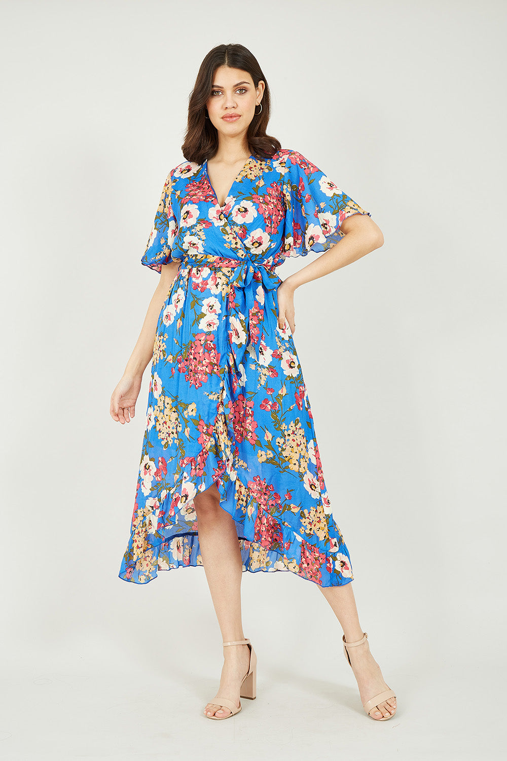 Mela Blue Bouquet Wrap Front Midi Dress Mela