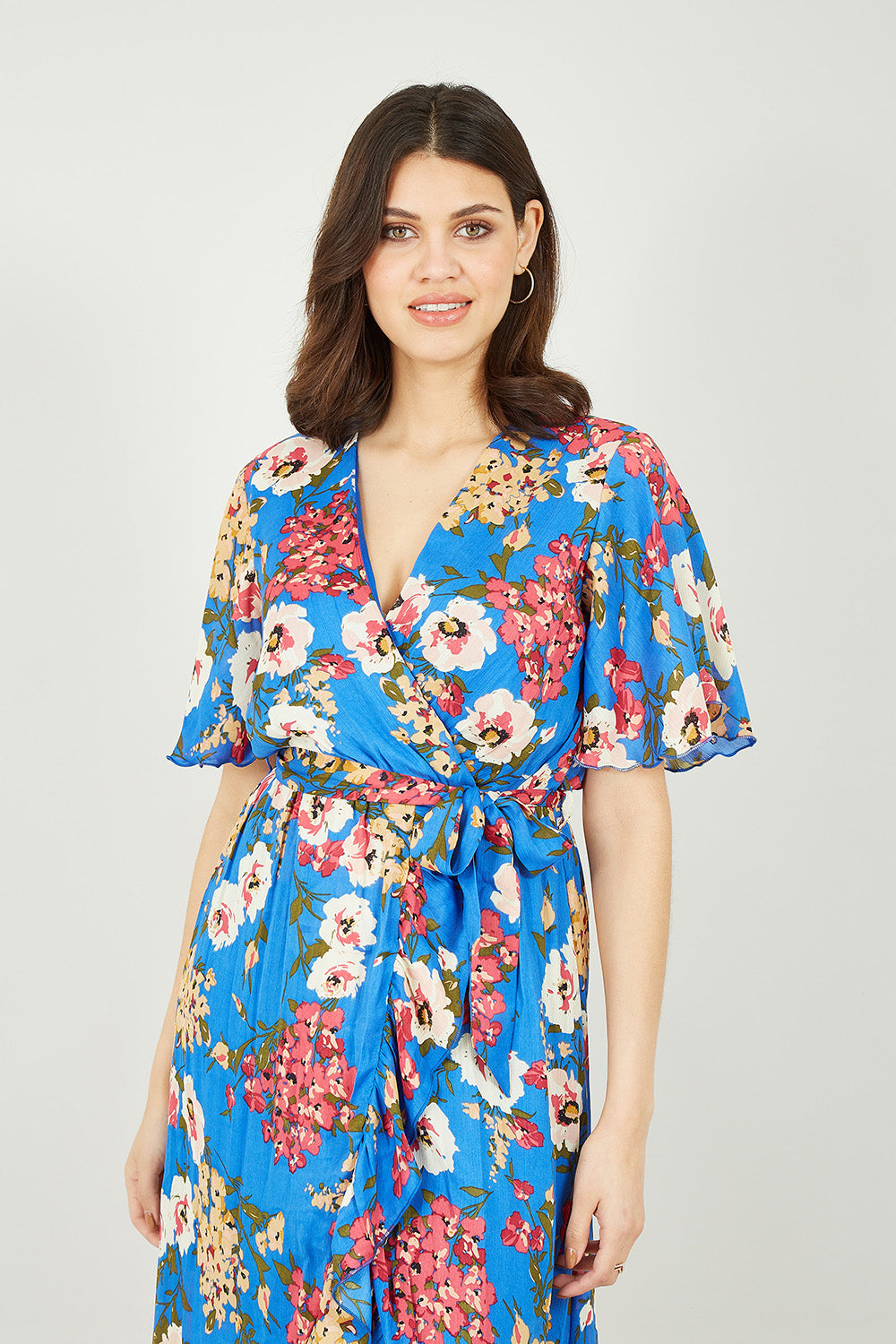 Mela Blue Bouquet Wrap Front Midi Dress Mela