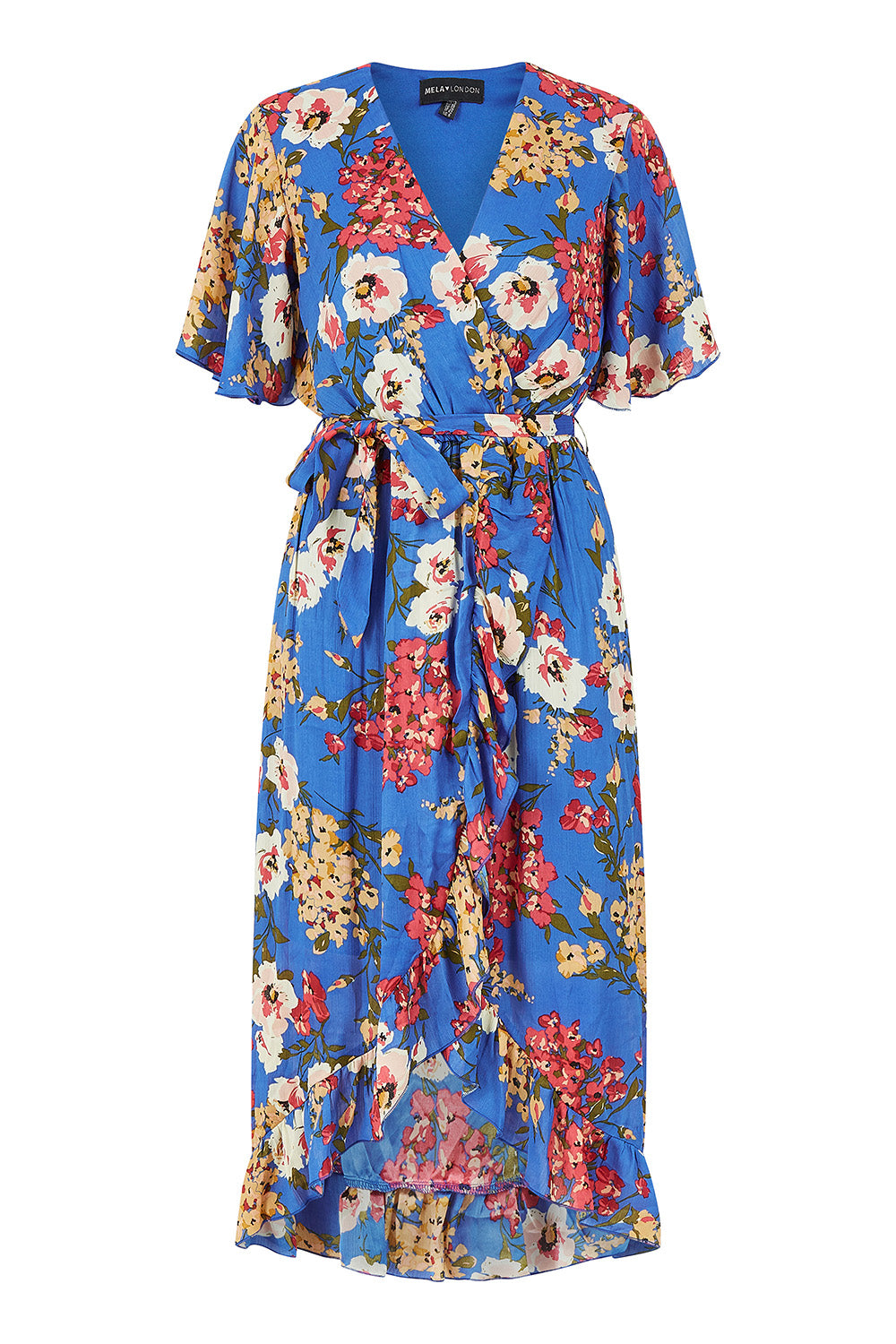 Mela Blue Bouquet Wrap Front Midi Dress Mela