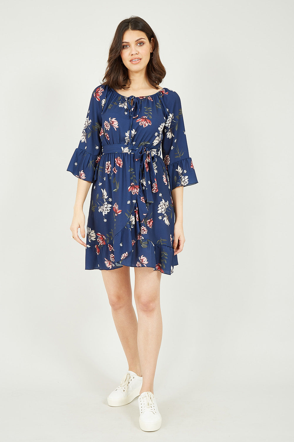 Mela Navy Floral Bardot Frill Skater Dress Yumi