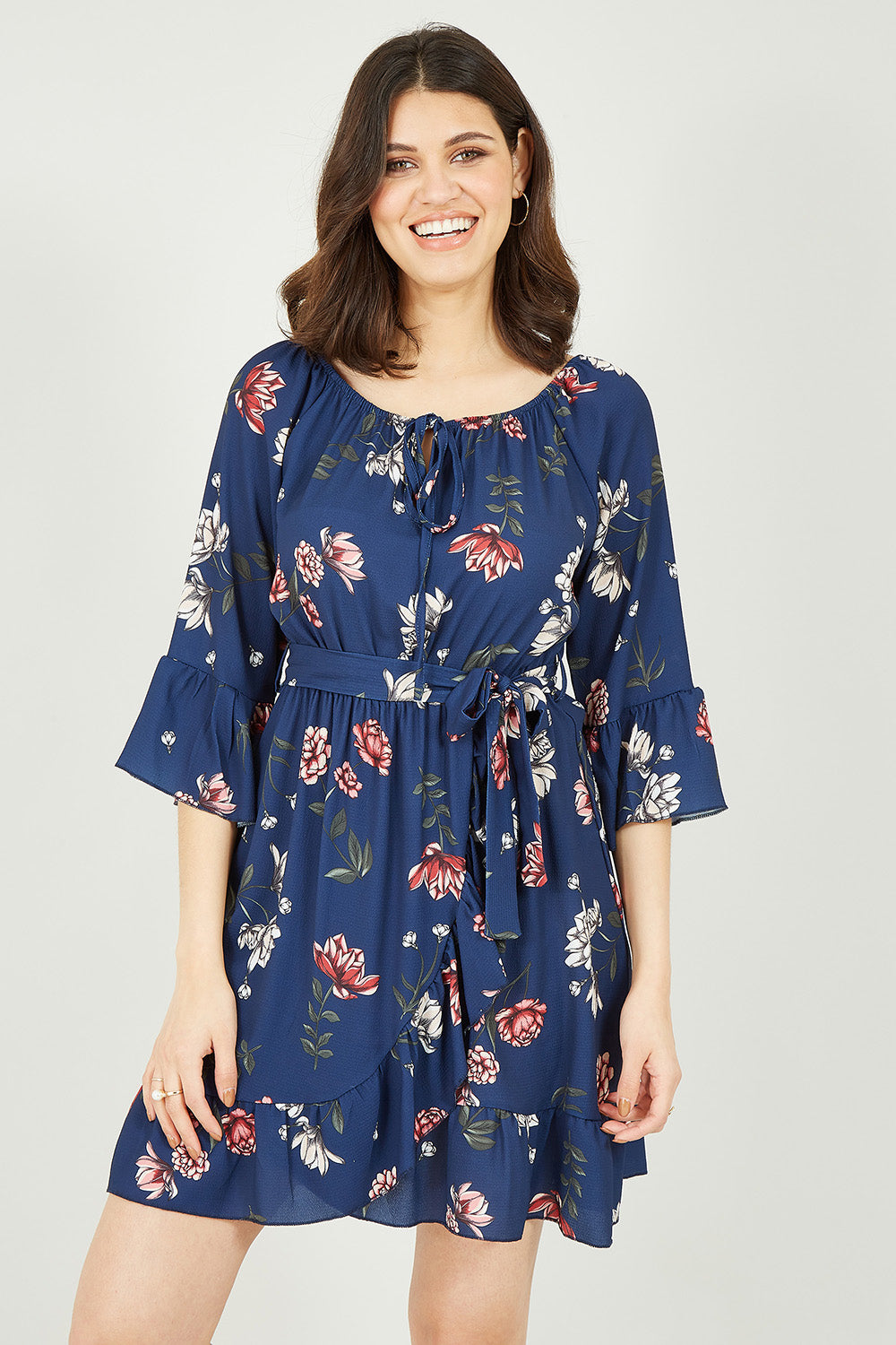 Mela Navy Floral Bardot Frill Skater Dress Yumi