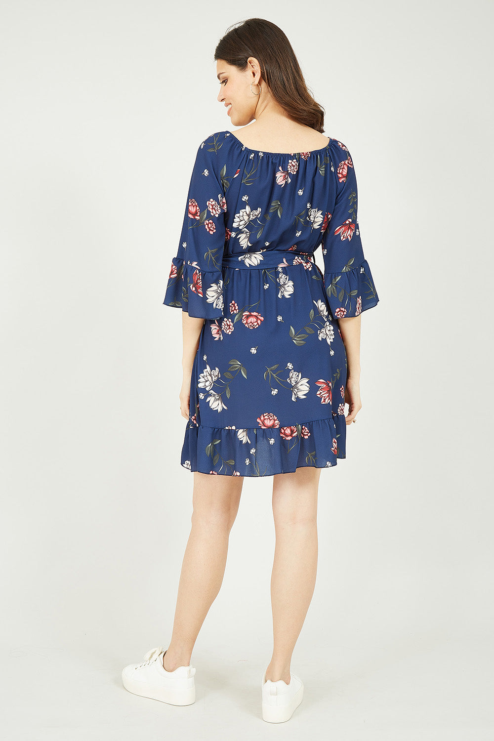 Mela Navy Floral Bardot Frill Skater Dress Yumi