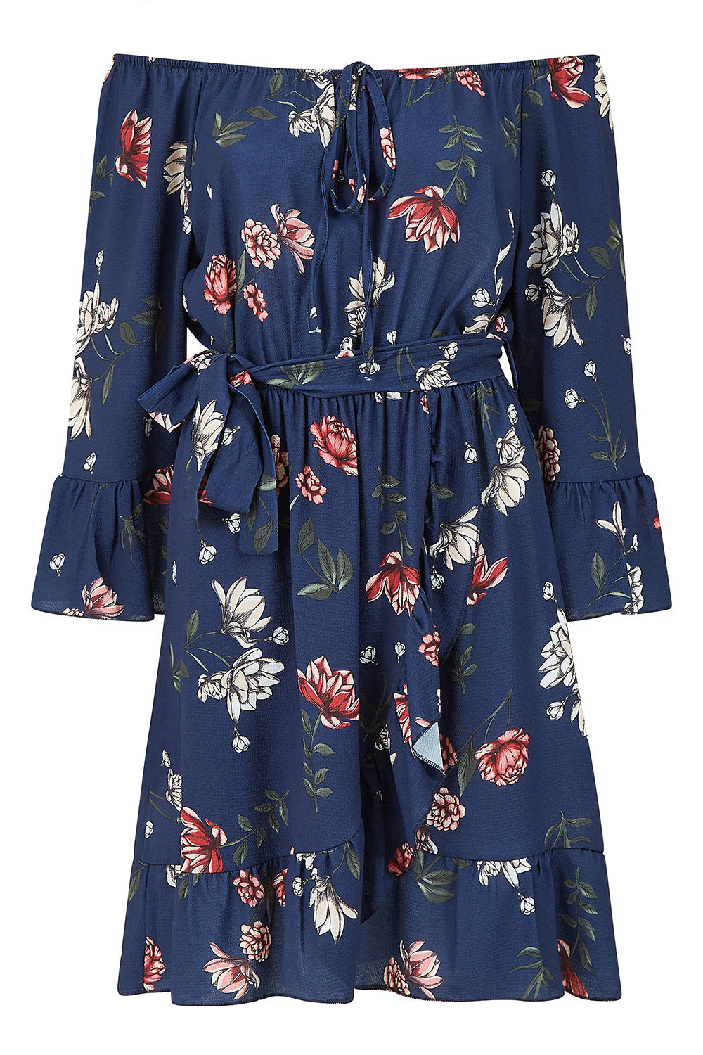 Mela Navy Floral Bardot Frill Skater Dress Yumi