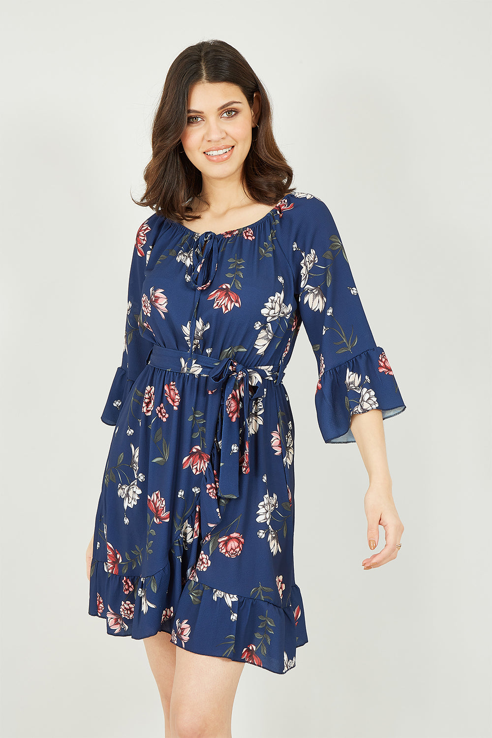 Mela Navy Floral Bardot Frill Skater Dress Yumi