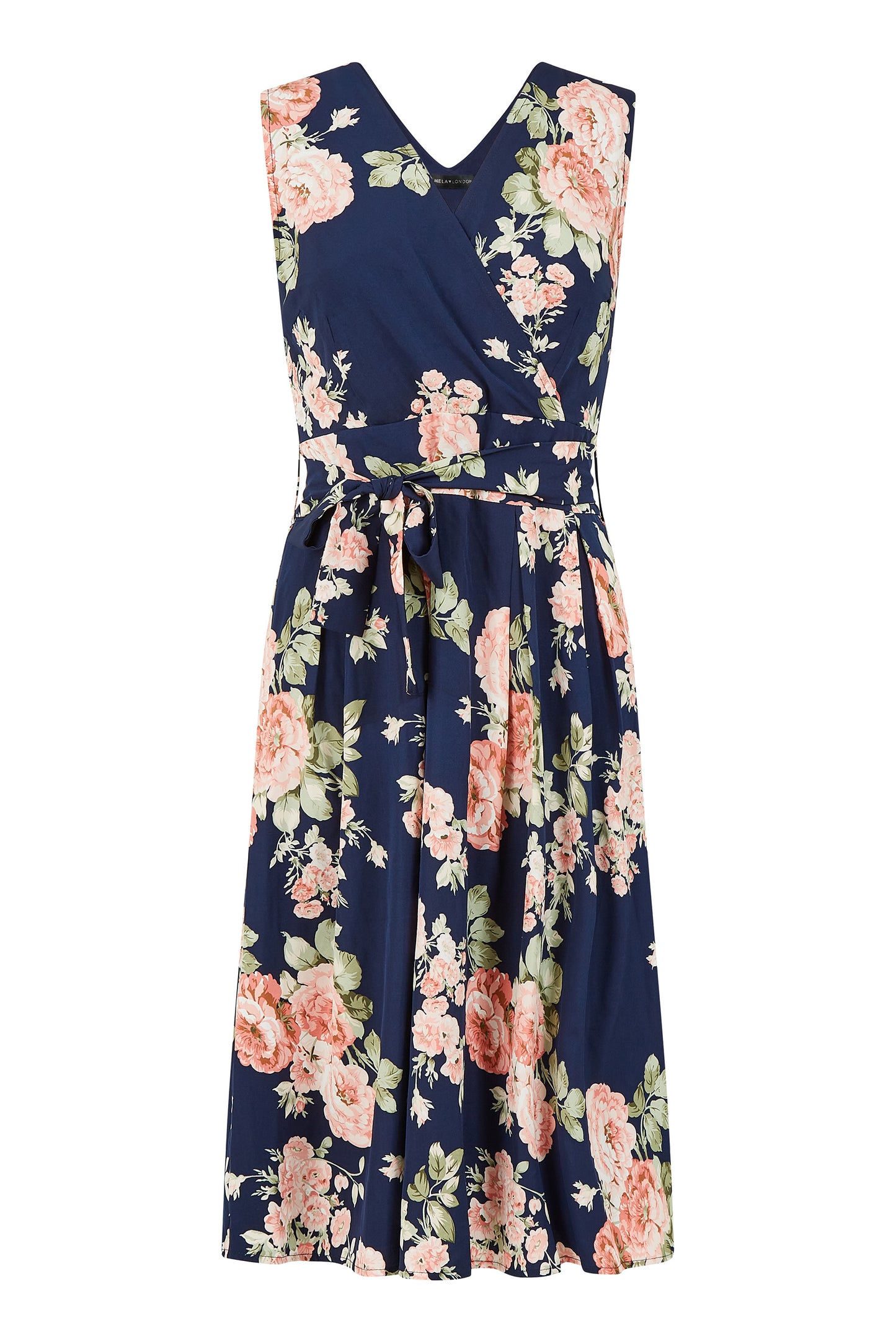 Yumi Navy Rose Printed Wrap Over Sleeveless Skater Dress DRES Day Yumi