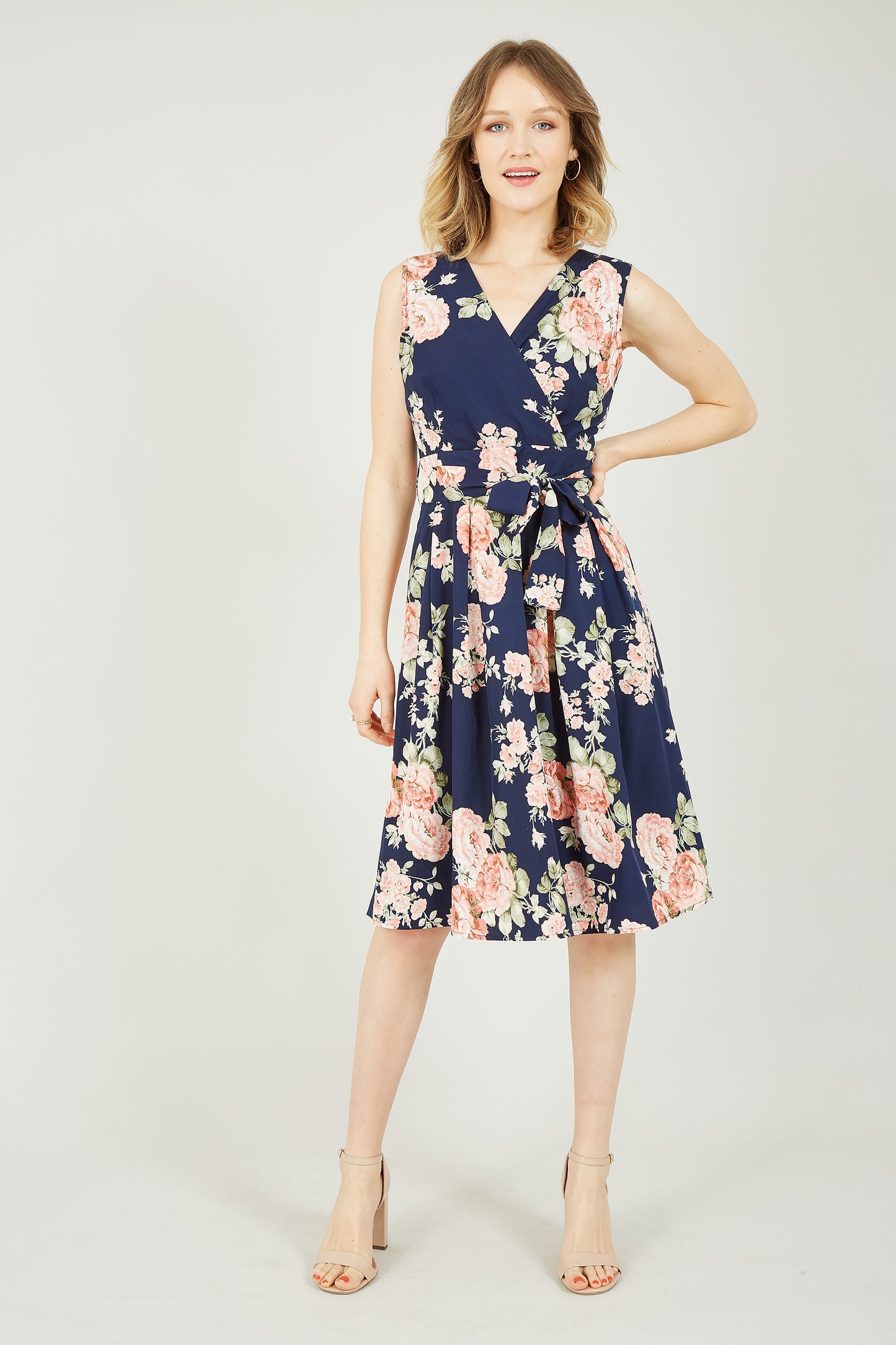 Yumi Navy Rose Printed Wrap Over Sleeveless Skater Dress DRES Day Yumi