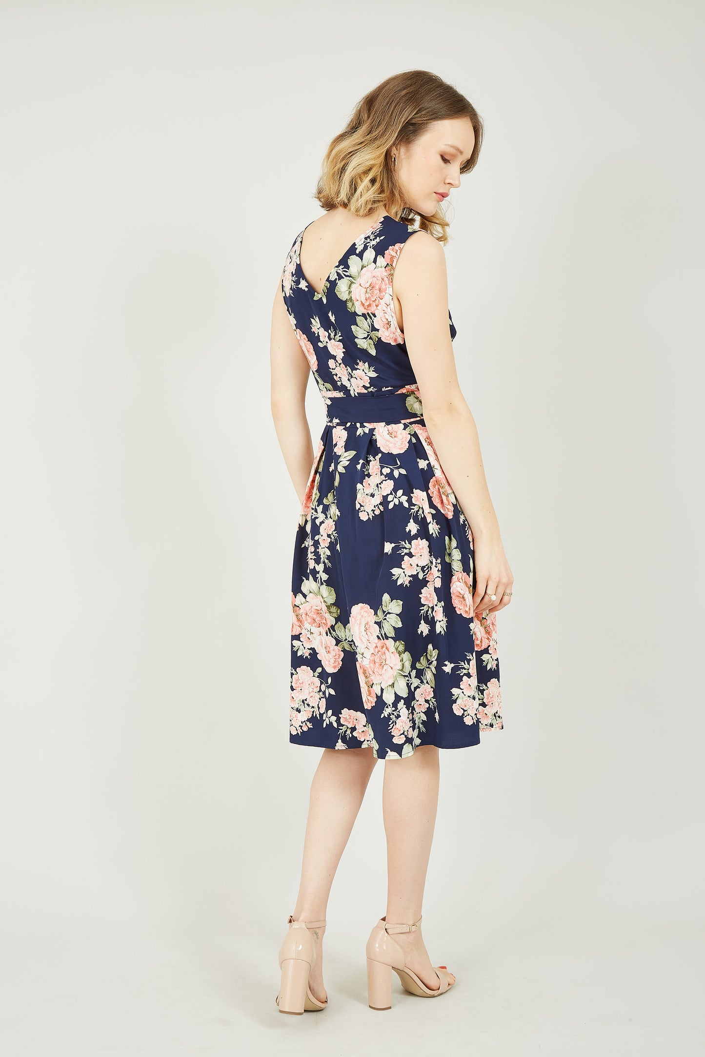 Yumi Navy Rose Printed Wrap Over Sleeveless Skater Dress DRES Day Yumi