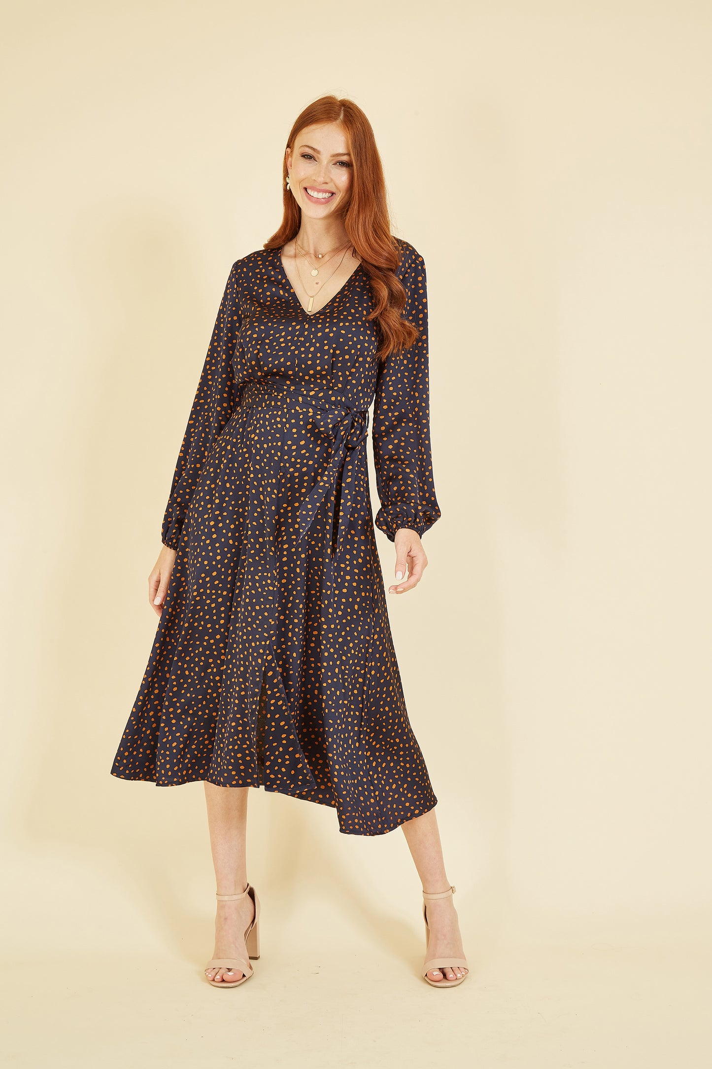 Mela Navy Satin Dash Print Midi Dress Mela