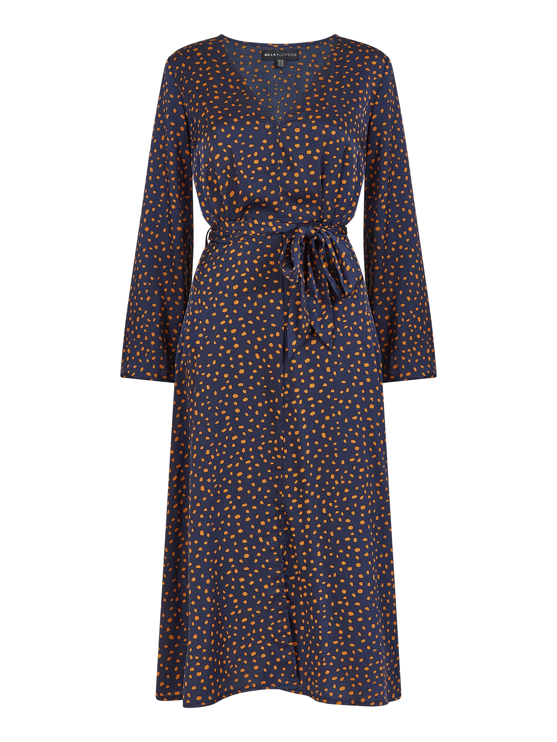 Mela Navy Satin Dash Print Midi Dress Mela