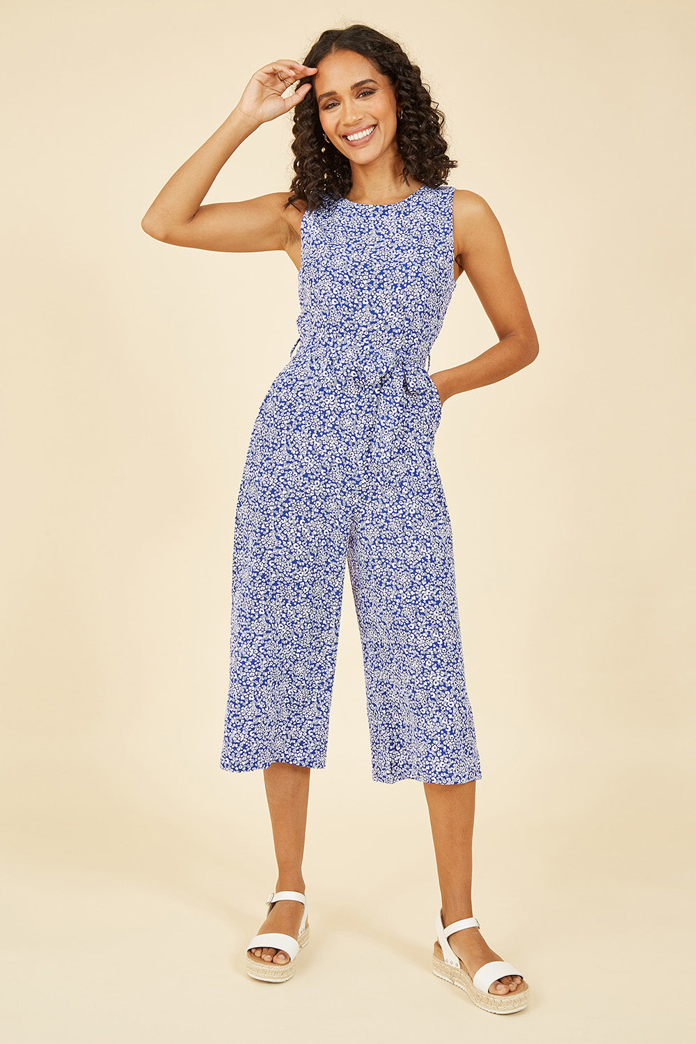 Mela Blue Ditsy Floral Print Culotte Jumpsuit Mela