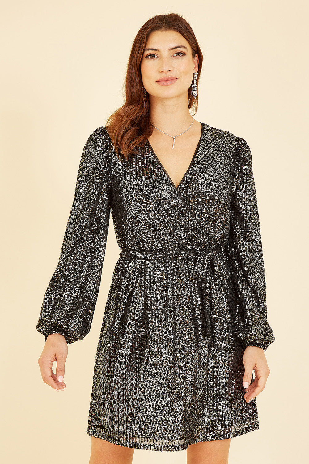 Mela Black Sequin Belted Wrap Long Sleeve Dress Mela