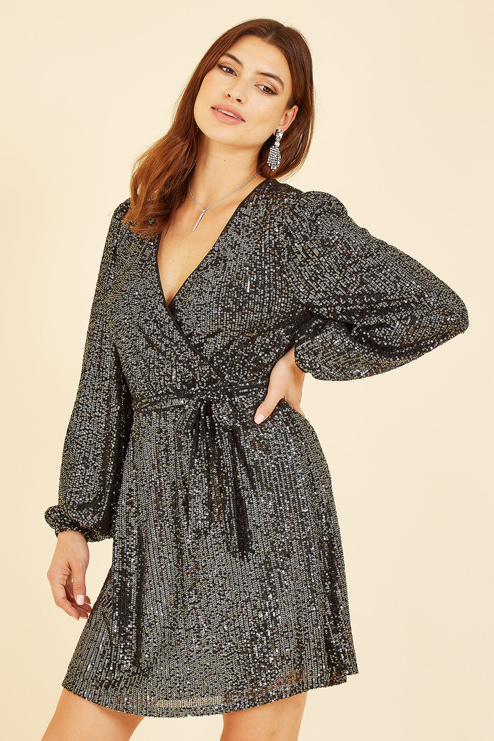 Mela Black Sequin Belted Wrap Long Sleeve Dress Mela