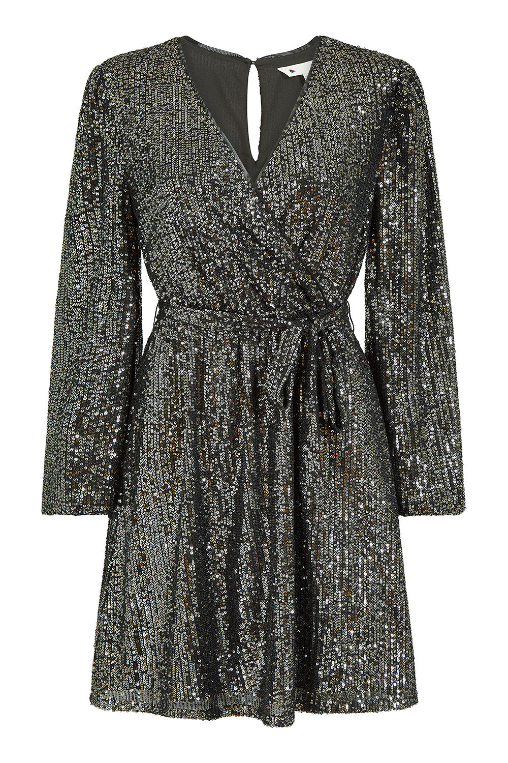 Mela Black Sequin Belted Wrap Long Sleeve Dress Mela