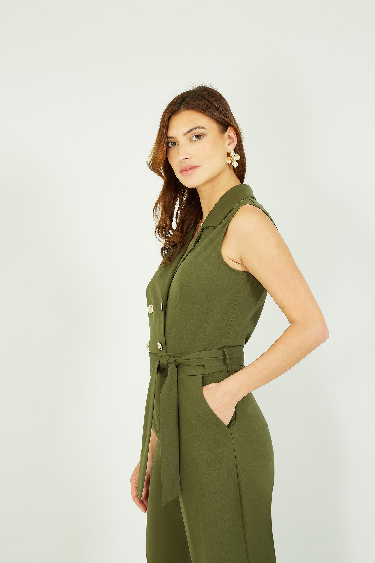 Mela Khaki Military Button Jumpsuit With Pockets Yumi