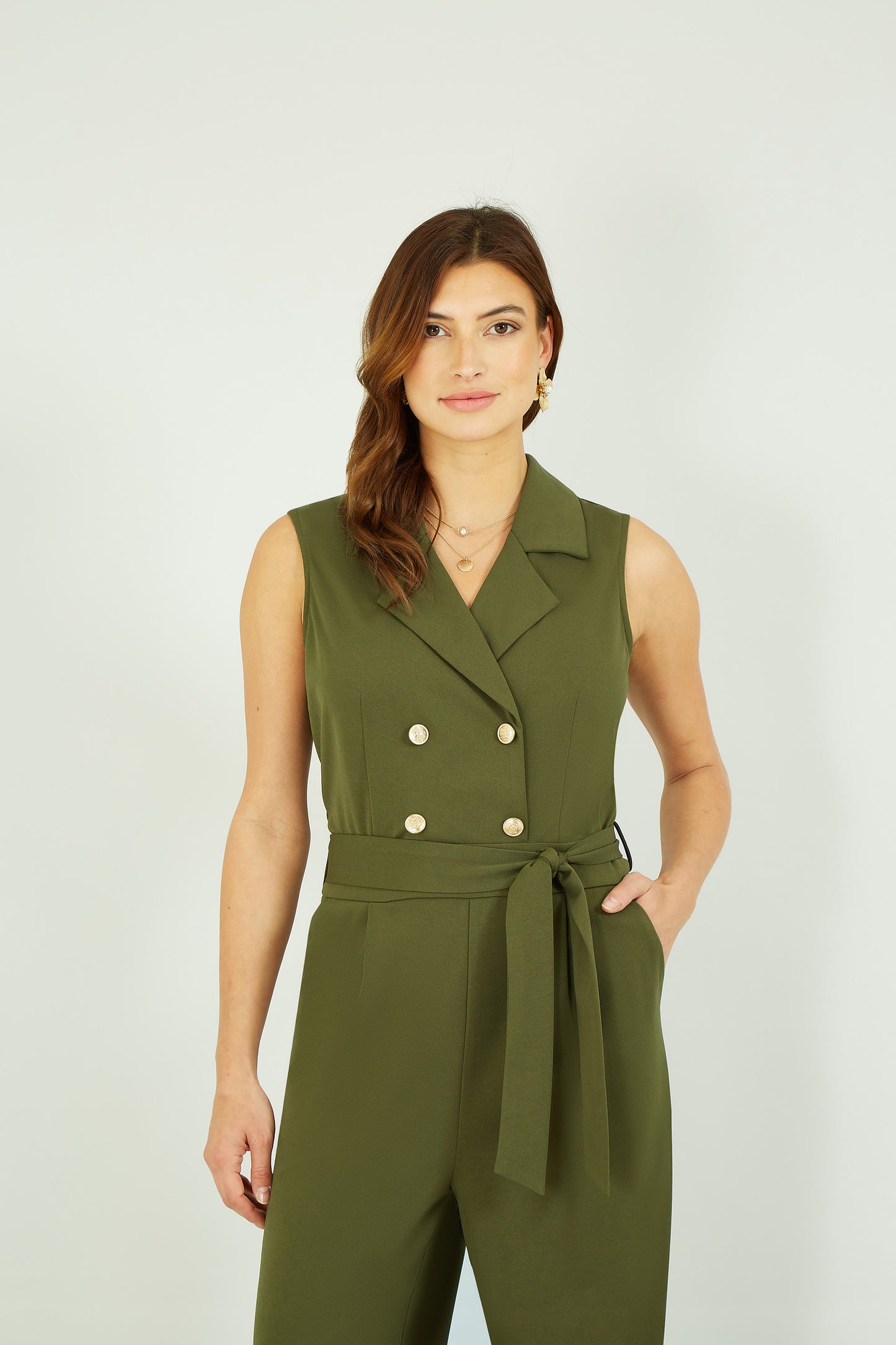 Mela Khaki Military Button Jumpsuit With Pockets Yumi