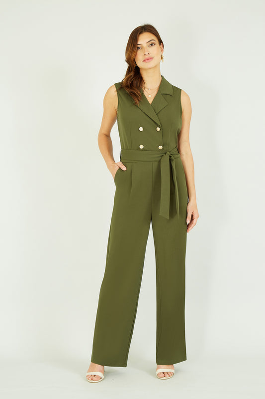 Mela Khaki Military Button Jumpsuit With Pockets Yumi