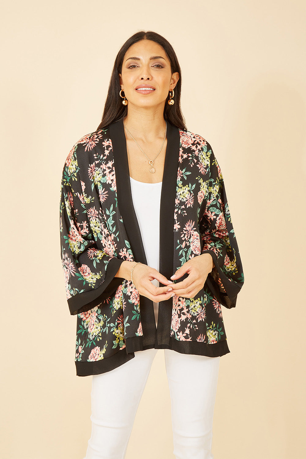 Mela Black Floral Satin Kimono Mela