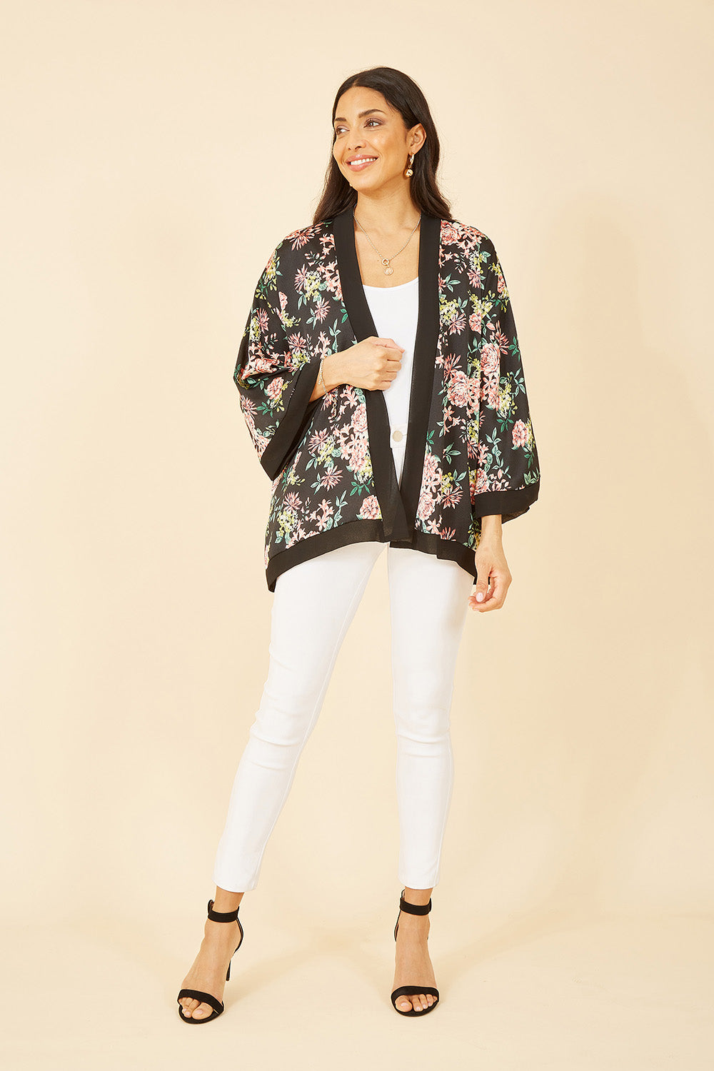 Mela Black Floral Satin Kimono Mela