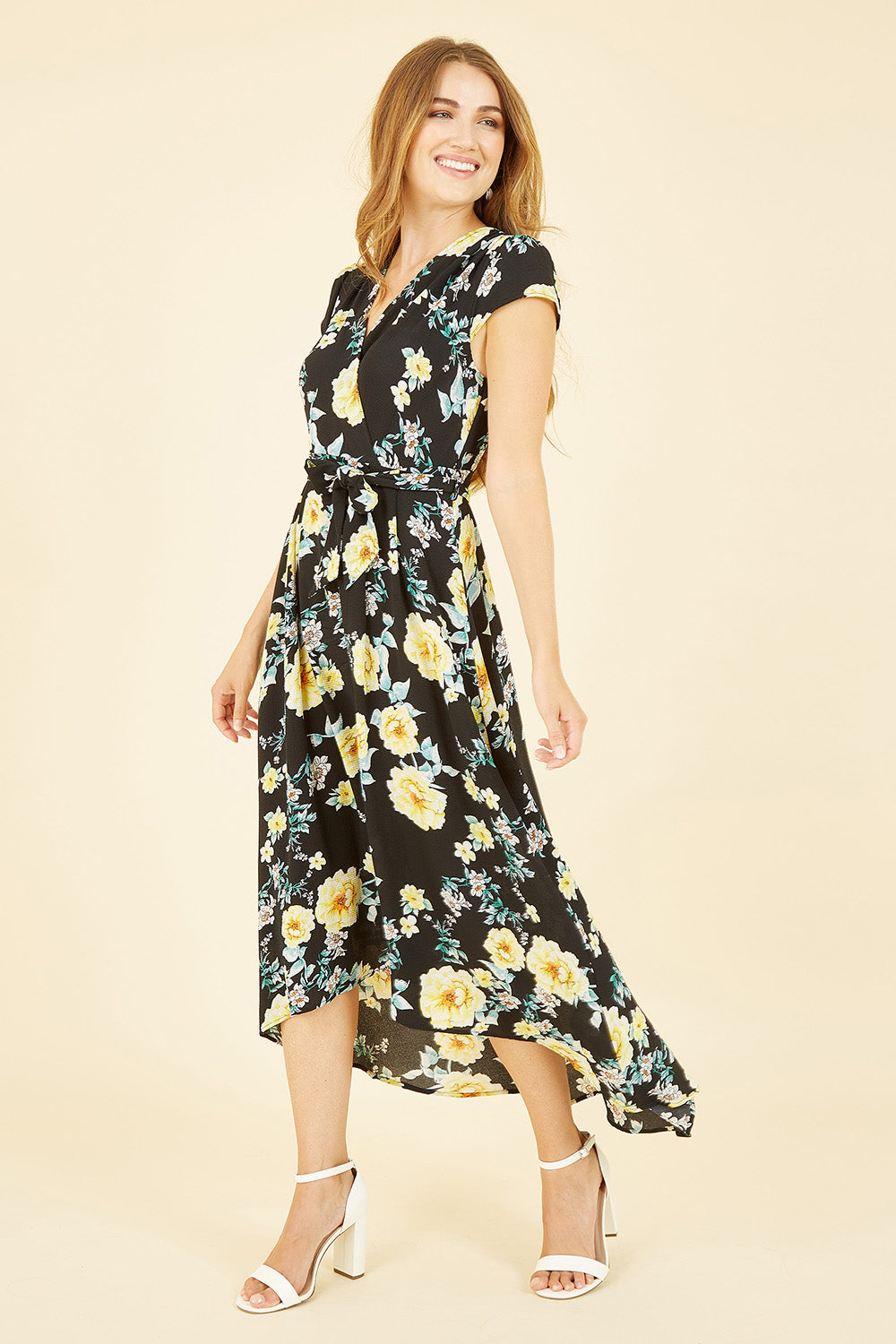 Mela Black Floral Print Dipped Hem Midi Wrap Dress Mela