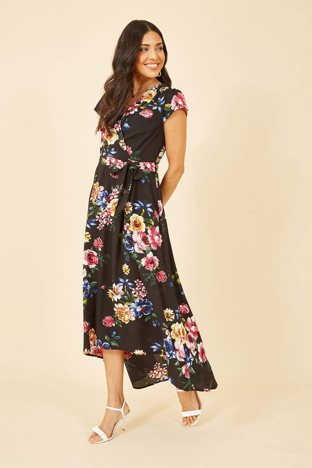 Mela Black Floral Wrap Over Dipped Hem Midi Dress Mela