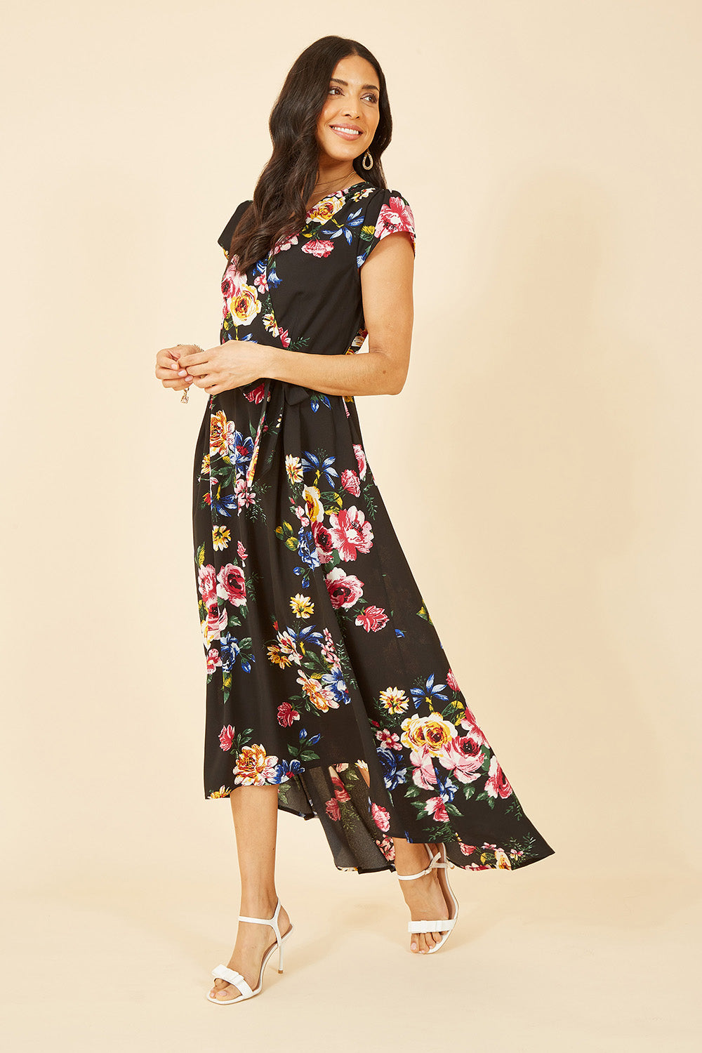 Mela Black Floral Wrap Over Dipped Hem Midi Dress Mela