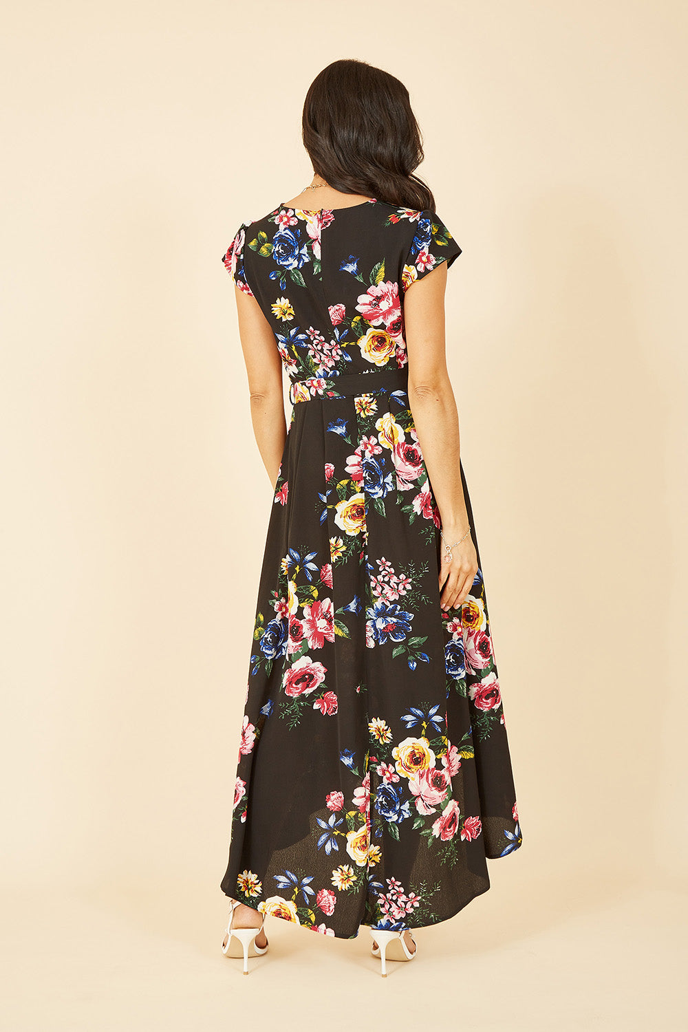 Mela Black Floral Wrap Over Dipped Hem Midi Dress Mela