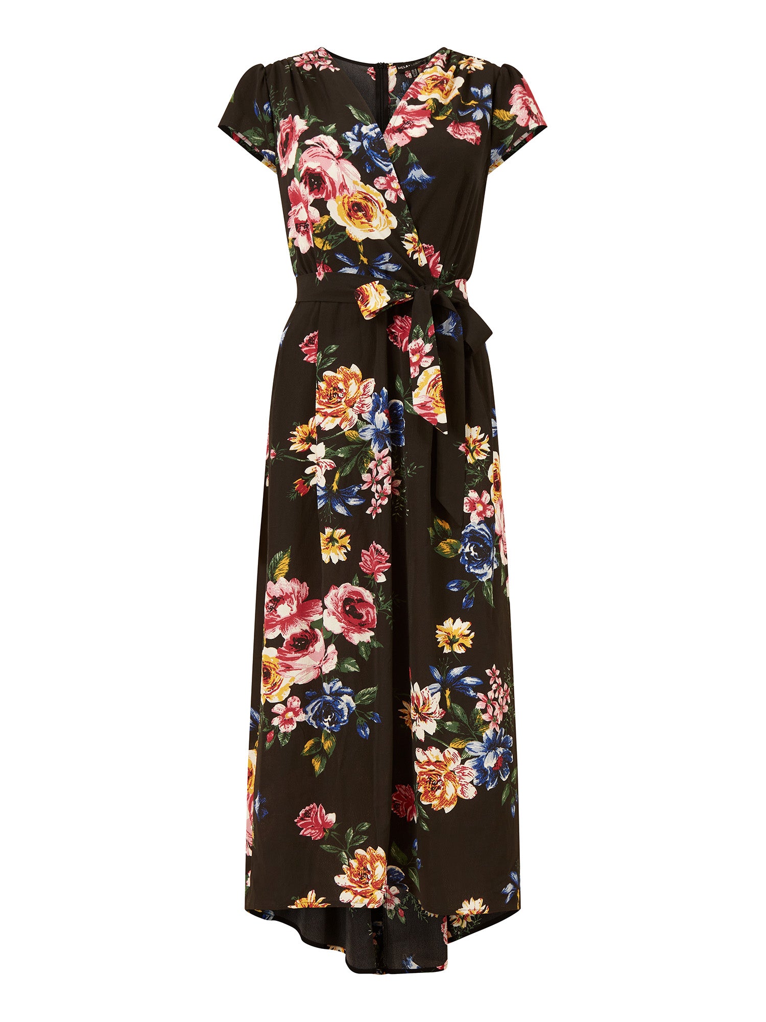 Mela Black Floral Wrap Over Dipped Hem Midi Dress Mela