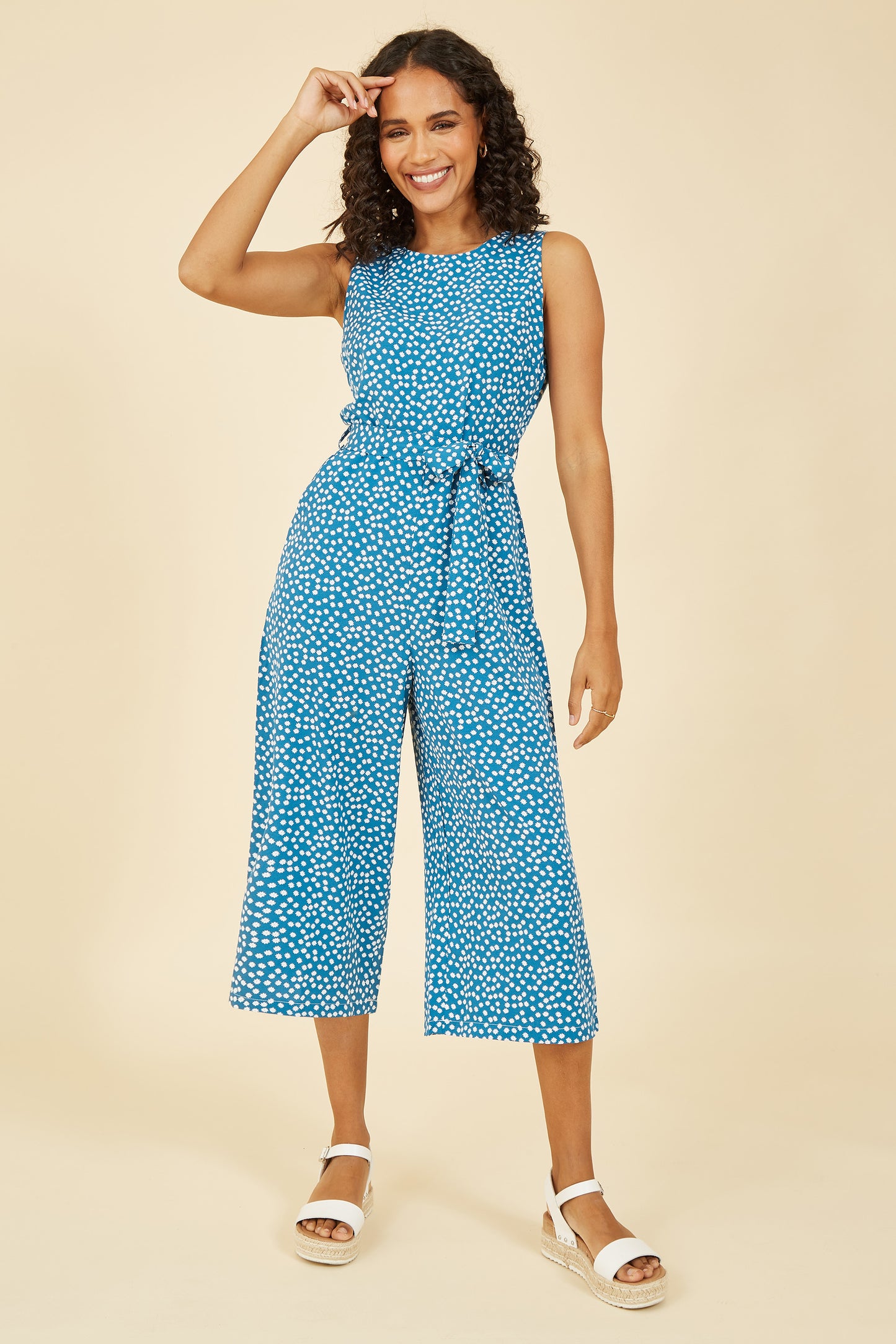 Yumi Teal Ditsy Daisy Sleeveless Culotte Jumpsuit JUMPSUIT Yumi