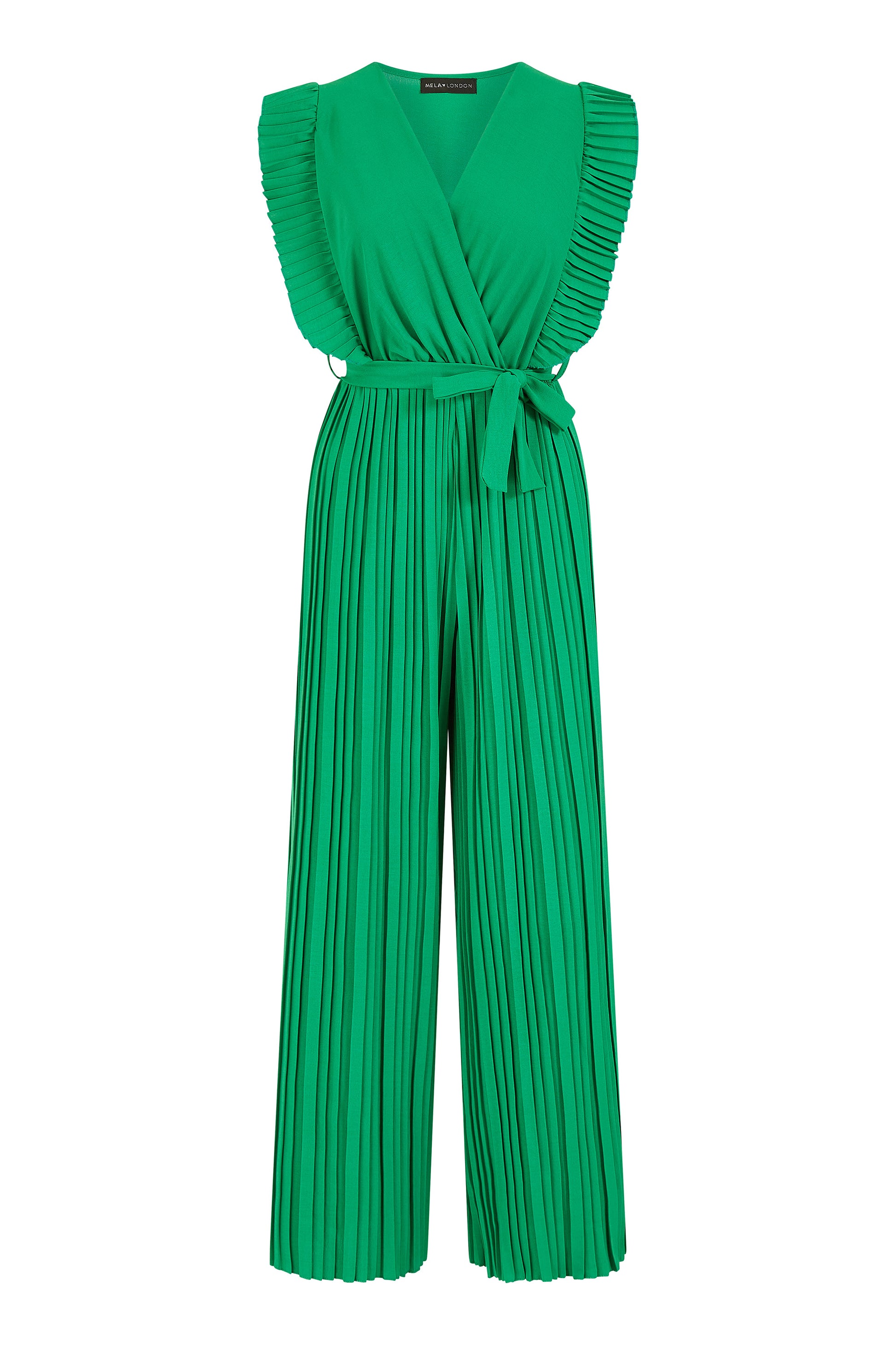 Mela Green Pleated Wrap Jumpsuit With Frill Detail Yumi