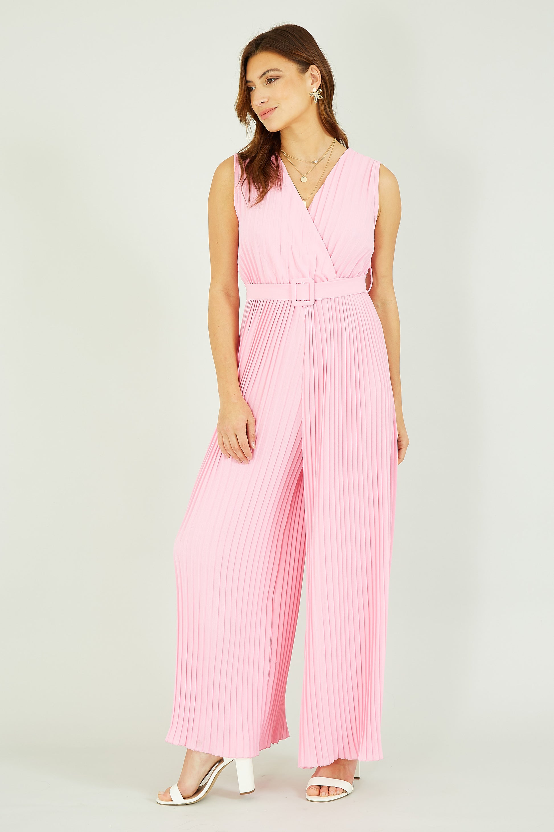 Mela Pink Pleated Jumpsuit With Belt Yumi