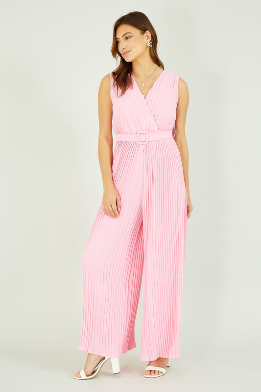 Mela Pink Pleated Jumpsuit With Belt Yumi