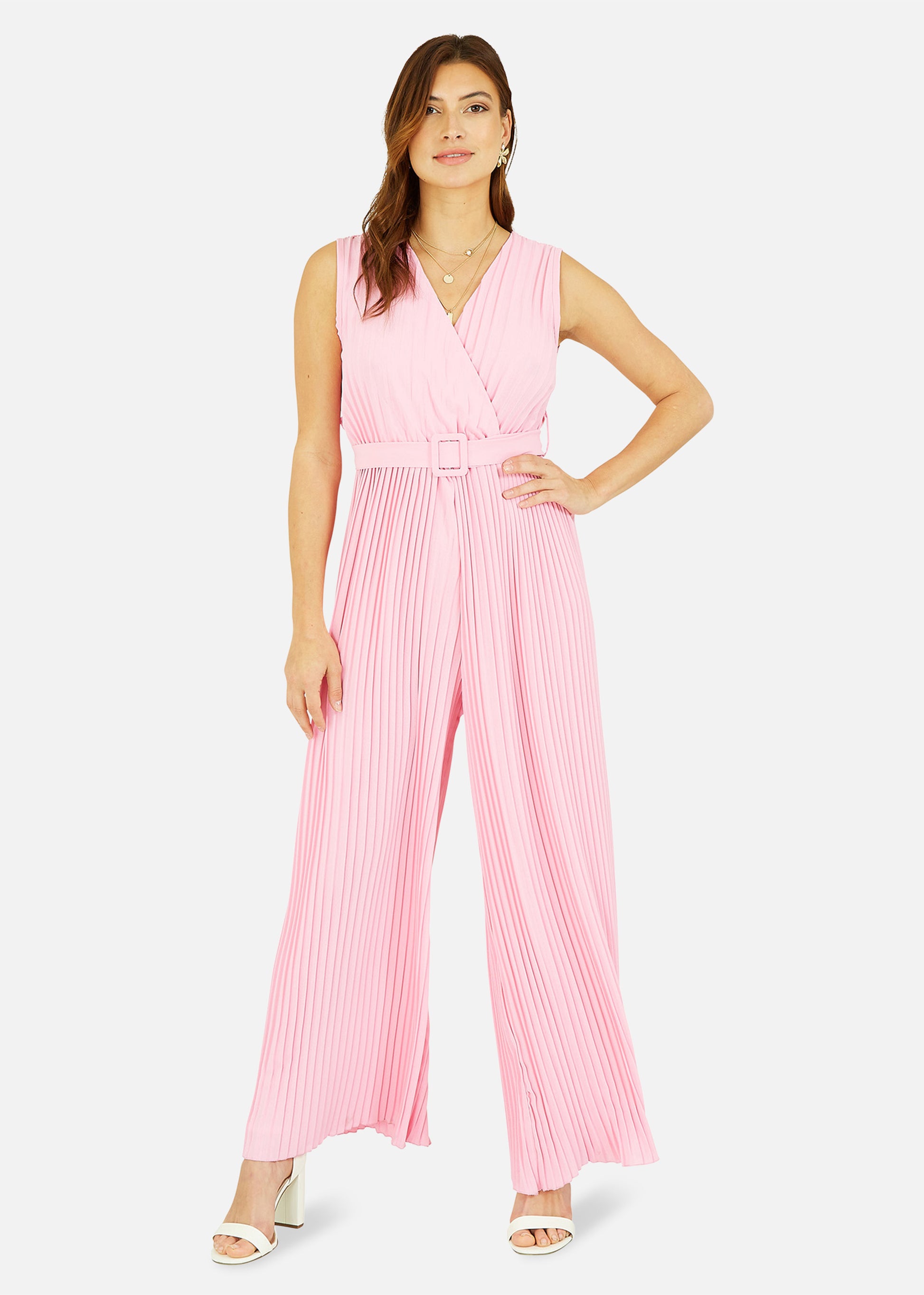 Mela Pink Pleated Jumpsuit With Belt Yumi