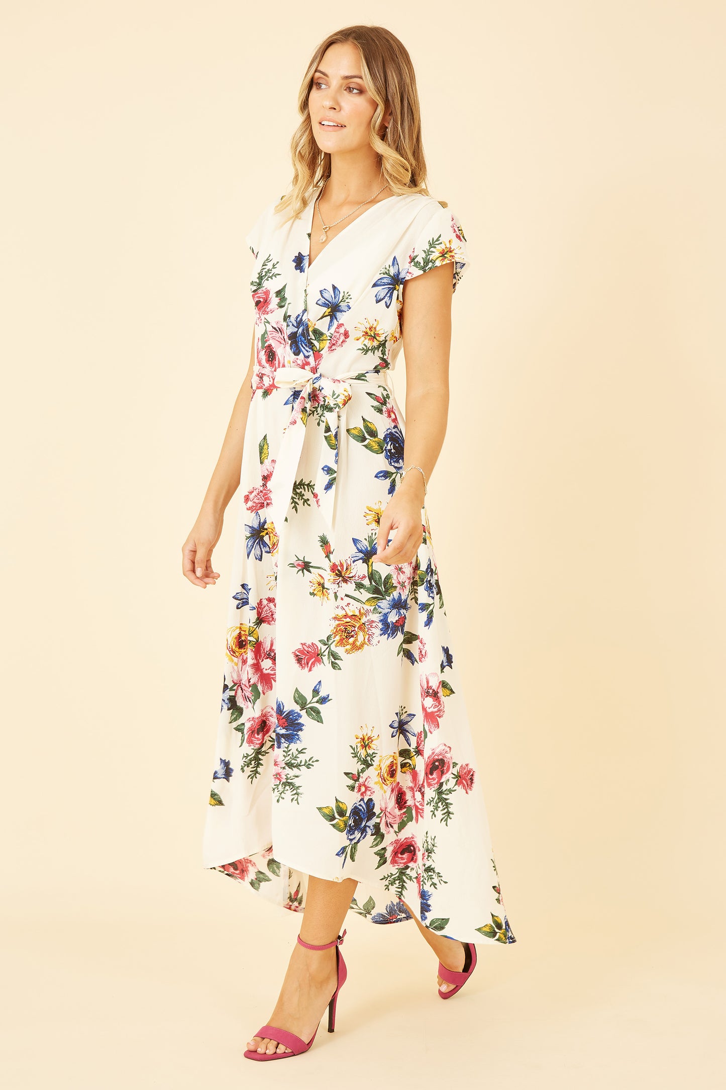 Yumi Ivory Floral Wrap Dip Hem Dress DRES Day Yumi