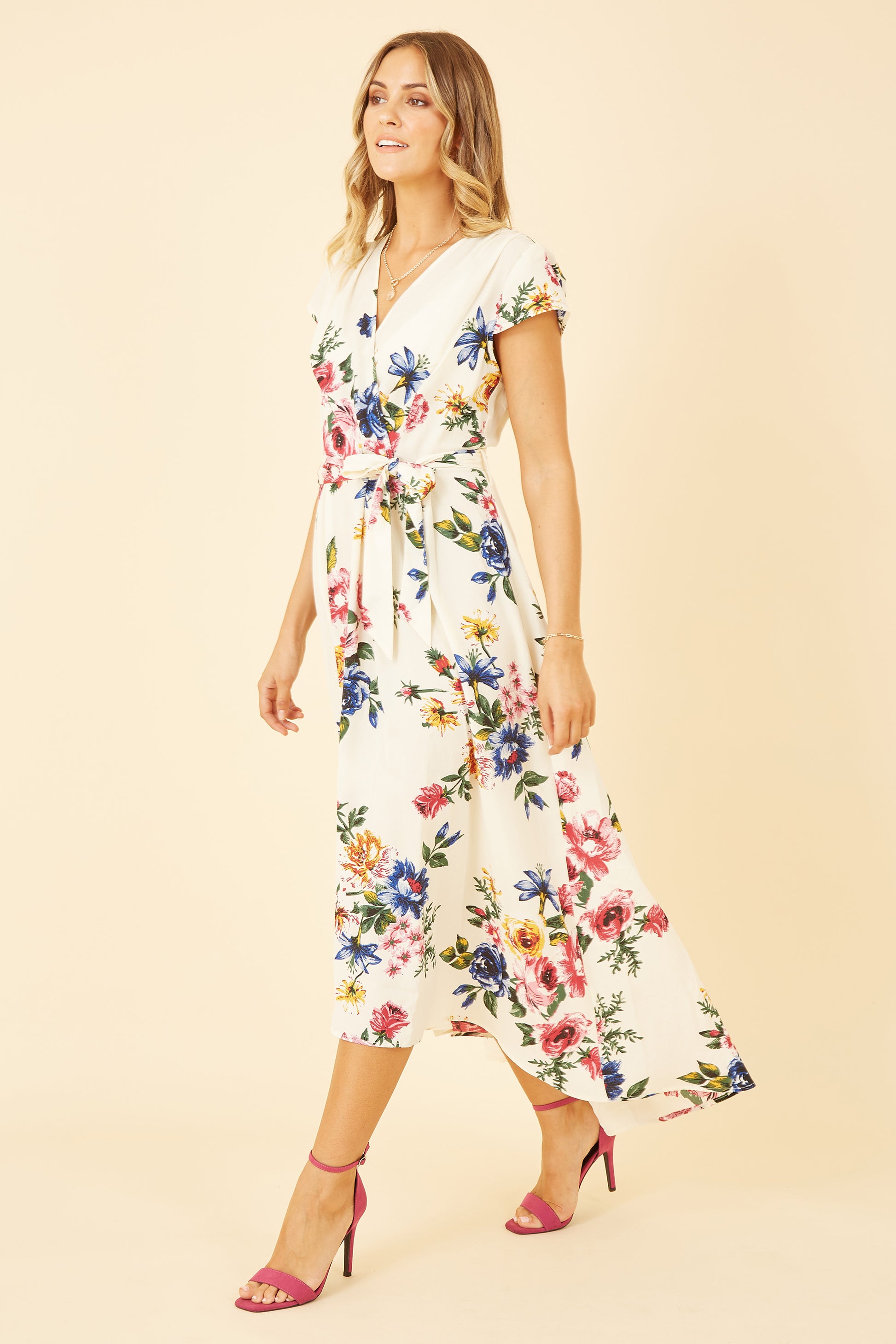 Yumi Ivory Floral Wrap Dip Hem Dress DRES Day Yumi