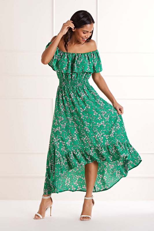 Yumi Green Bardot Asymmetric Maxi Dress DRES Day Yumi