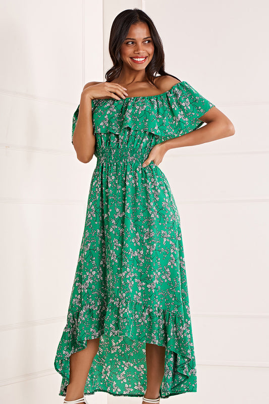 Yumi Green Bardot Asymmetric Maxi Dress DRES Day Yumi