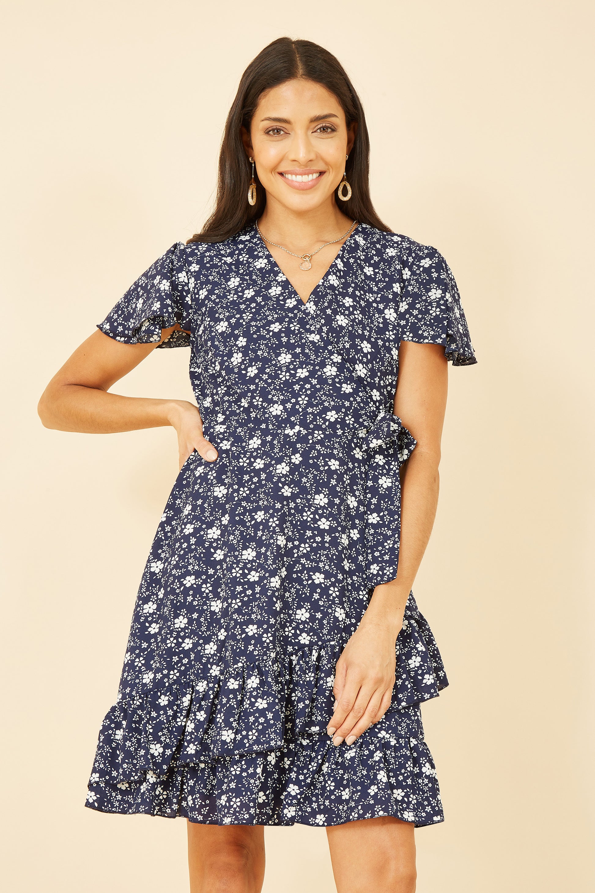 Yumi Navy Ditsy Floral Wrap Frill Dress DRES Day Yumi