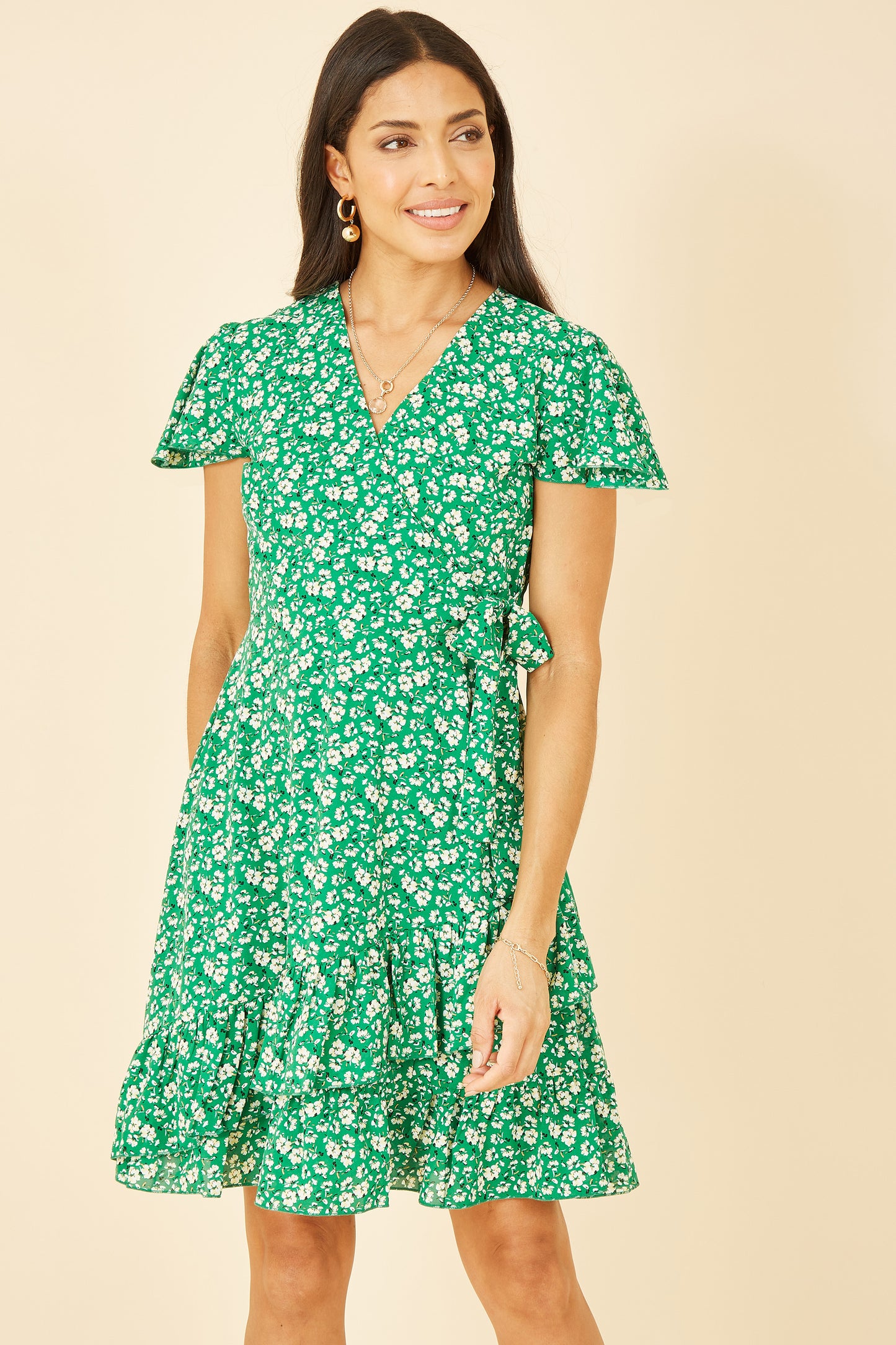 Yumi Green Ditsy Floral Wrap Frill Dress DRES Day Yumi