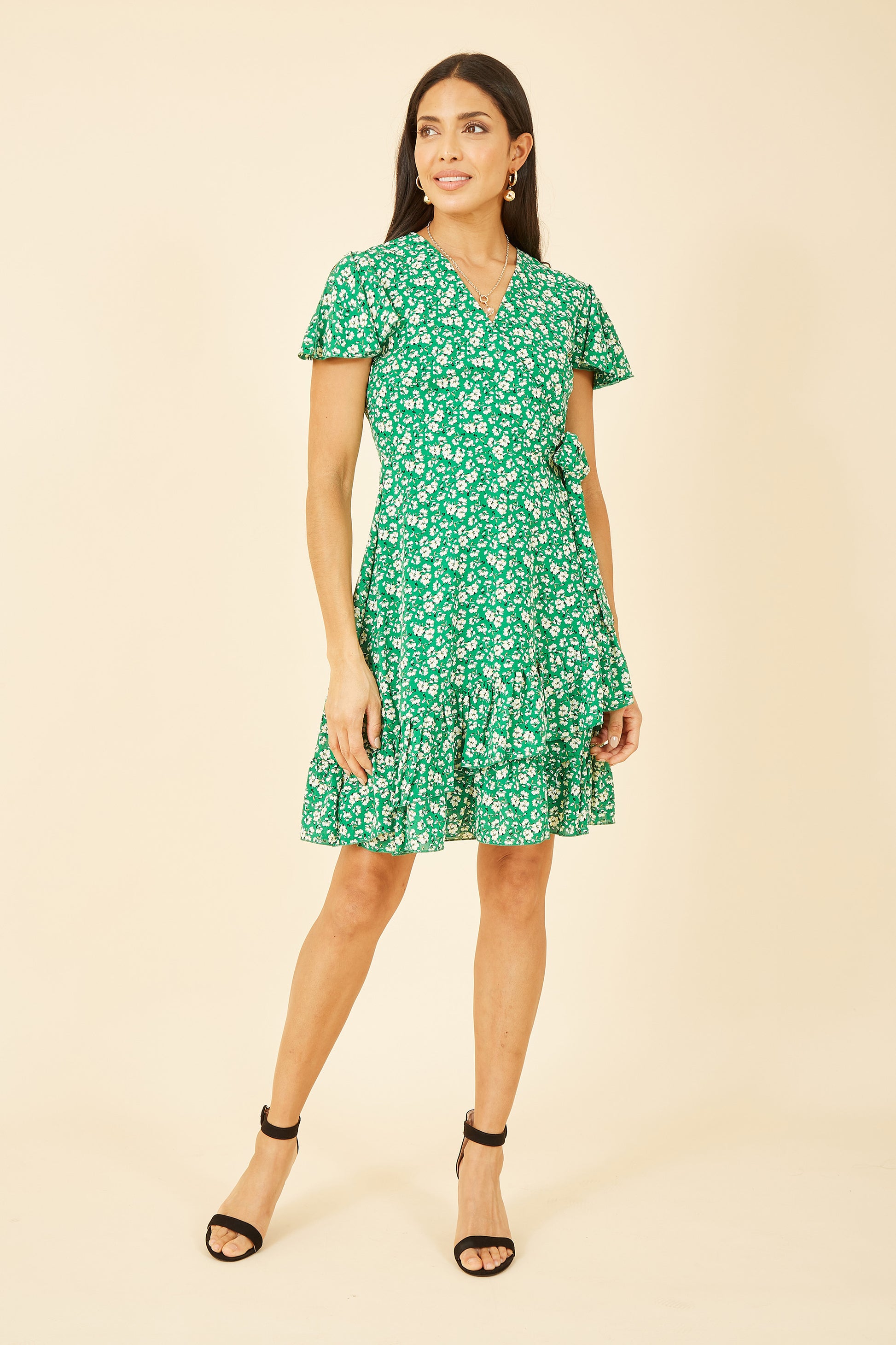 Yumi Green Ditsy Floral Wrap Frill Dress DRES Day Yumi