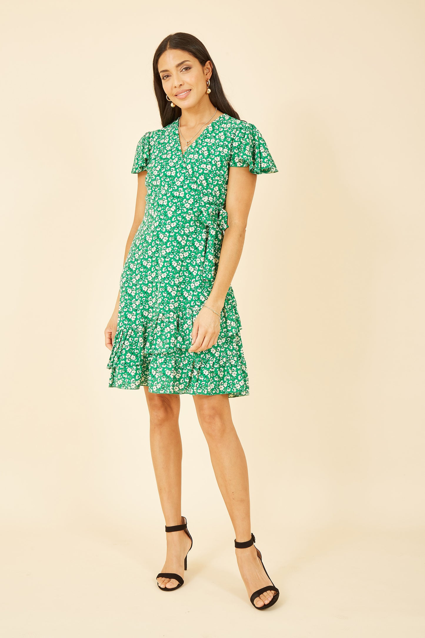 Yumi Green Ditsy Floral Wrap Frill Dress DRES Day Yumi