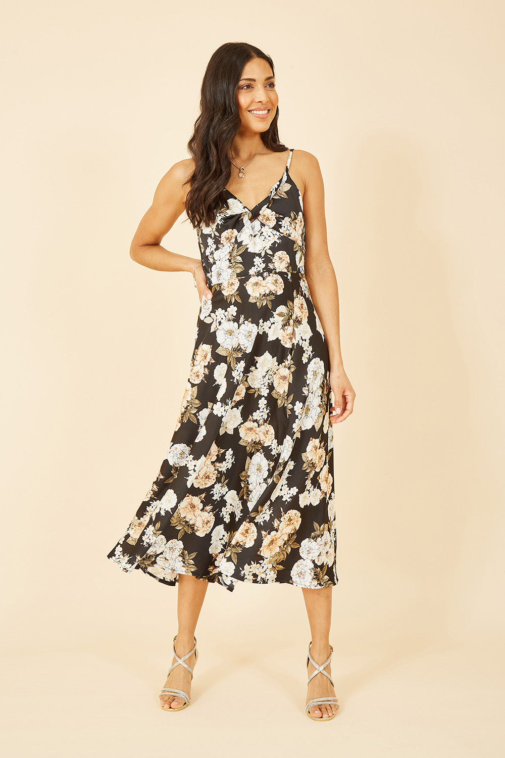 Mela Black Floral Satin Twist Front Midi Dress Mela