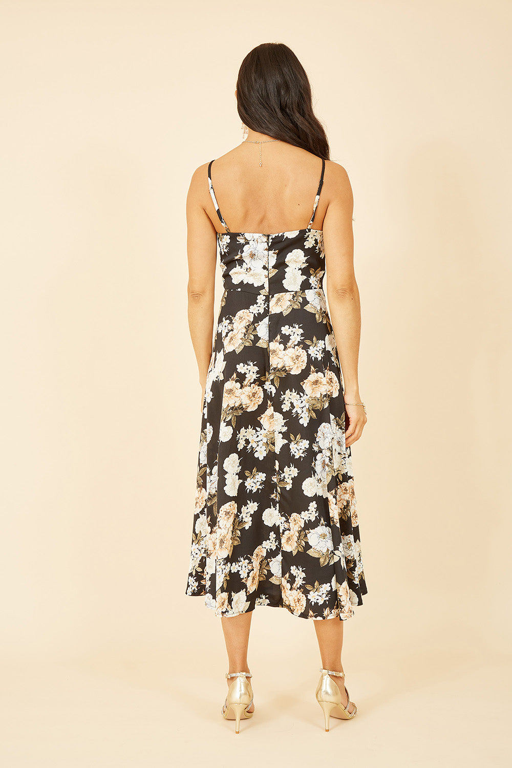 Mela Black Floral Satin Twist Front Midi Dress Mela