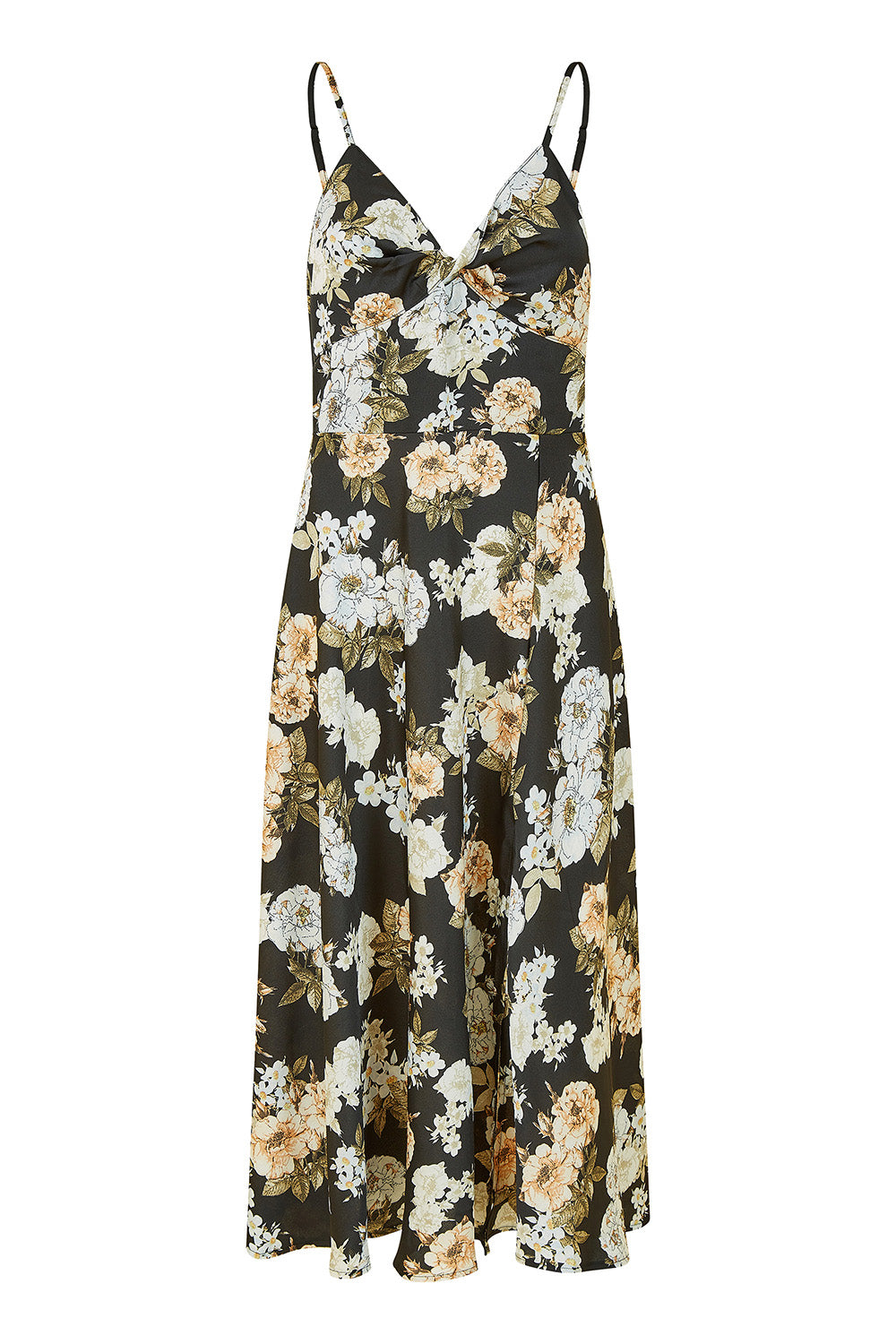 Mela Black Floral Satin Twist Front Midi Dress Mela